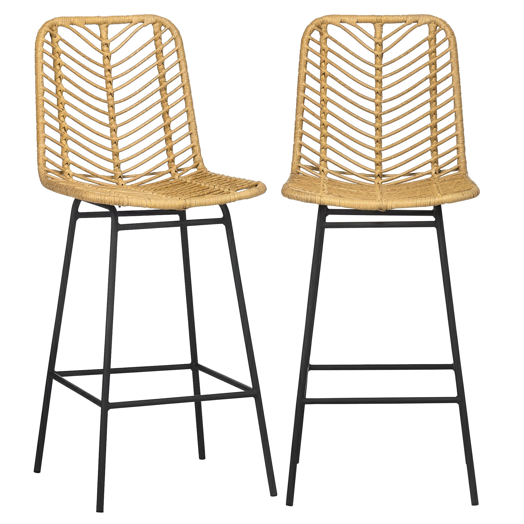 Zestaw 2 hokerów barowych w stylu boho, wys. 66 cm, z metalowymi i rattanowymi podnóżkami - naturalny