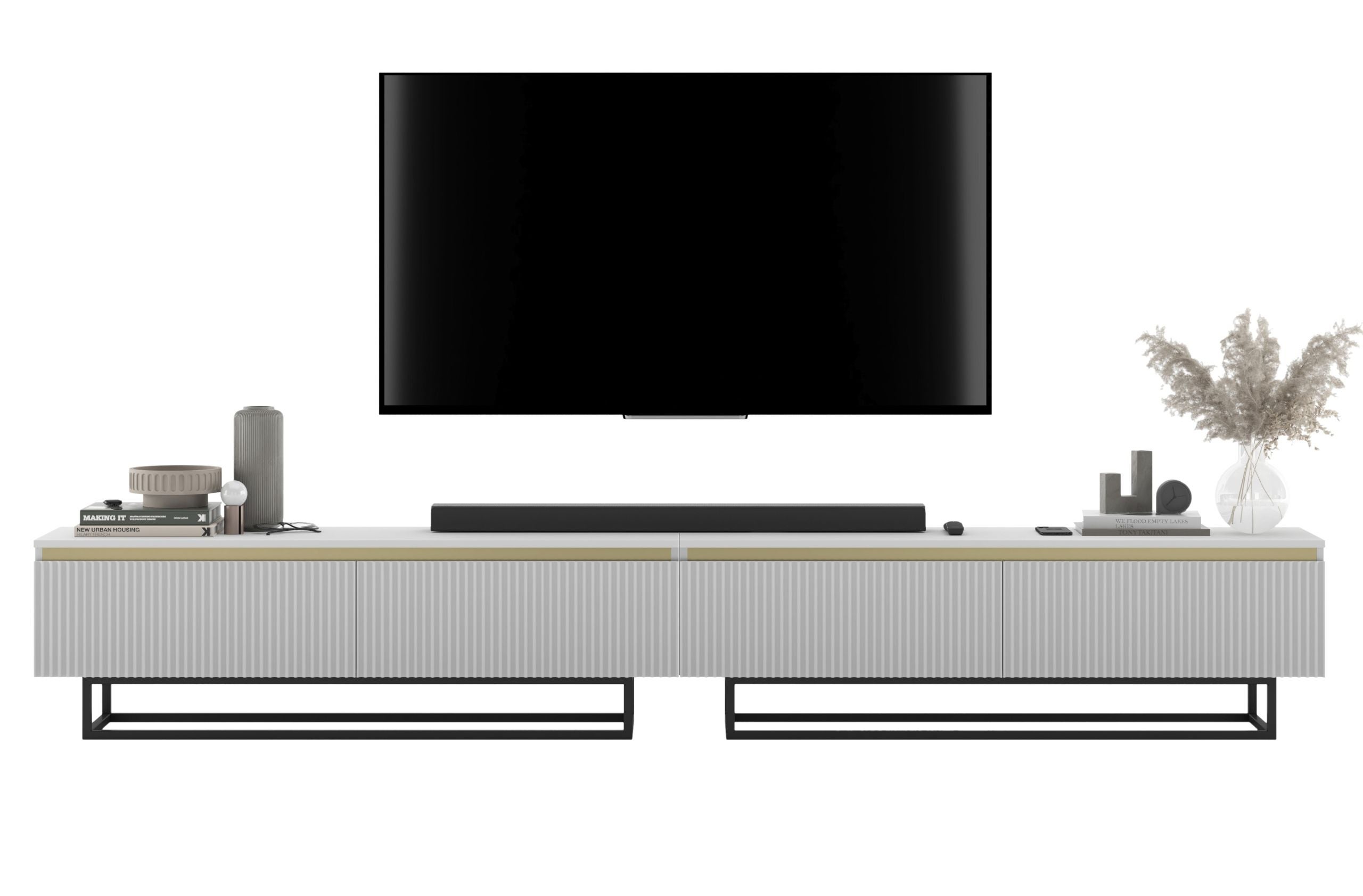 Nowoczesna szafka RTV Glamour 280 cm biały mat, czarny metalowy stelaż, nowoczesny mebel RTV
