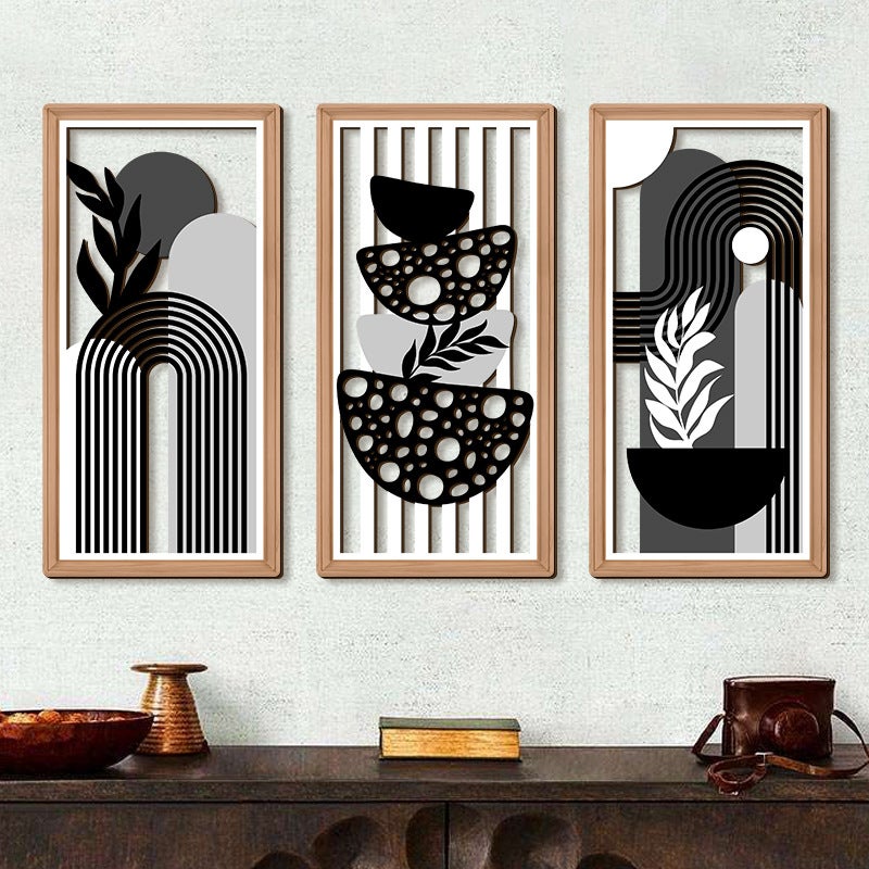 Zestaw 3 dekoracji ściennych – Dekoracja ścienna – Rzeźbione dzieło do zawieszenia w 3D (40 x 20 cm) – Styl bohemy
