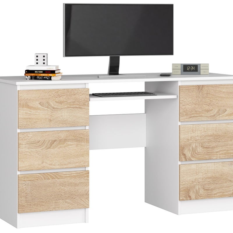 Biurko komputerowe AKORD A11 Białe 135 cm 6 szuflad kolor Dąb Sonoma mat 135x50x77 cm