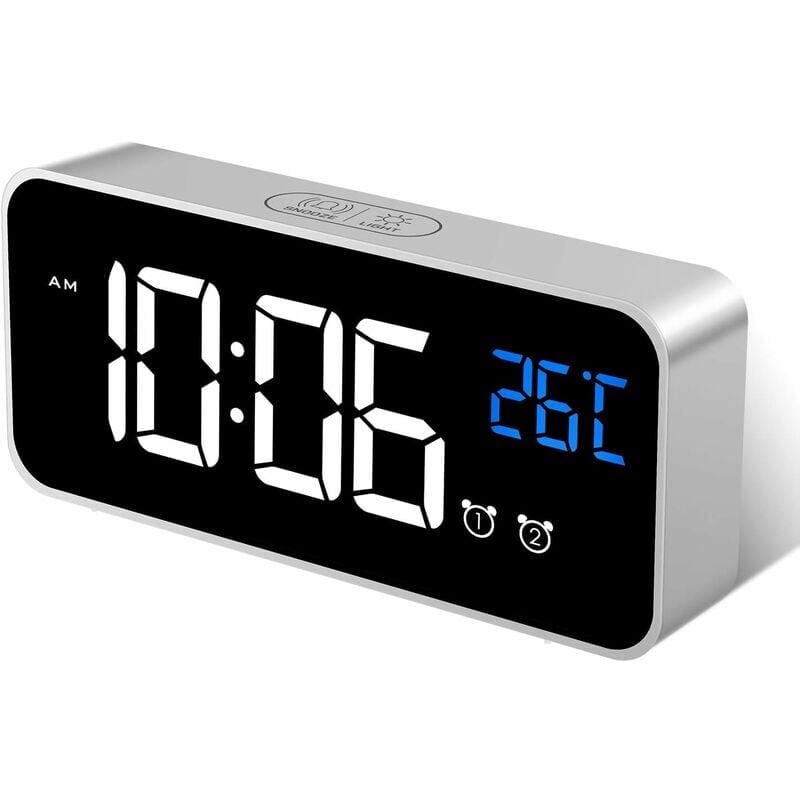 Budzik Cyfrowy, Cyfrowy Zegar Lustrzany LED Wyświetlacz Temperatury/Drzemka/2 Alarmy, Regulowana Jasność i Dźwięk, Ładowanie przez Port USB, Srebrny