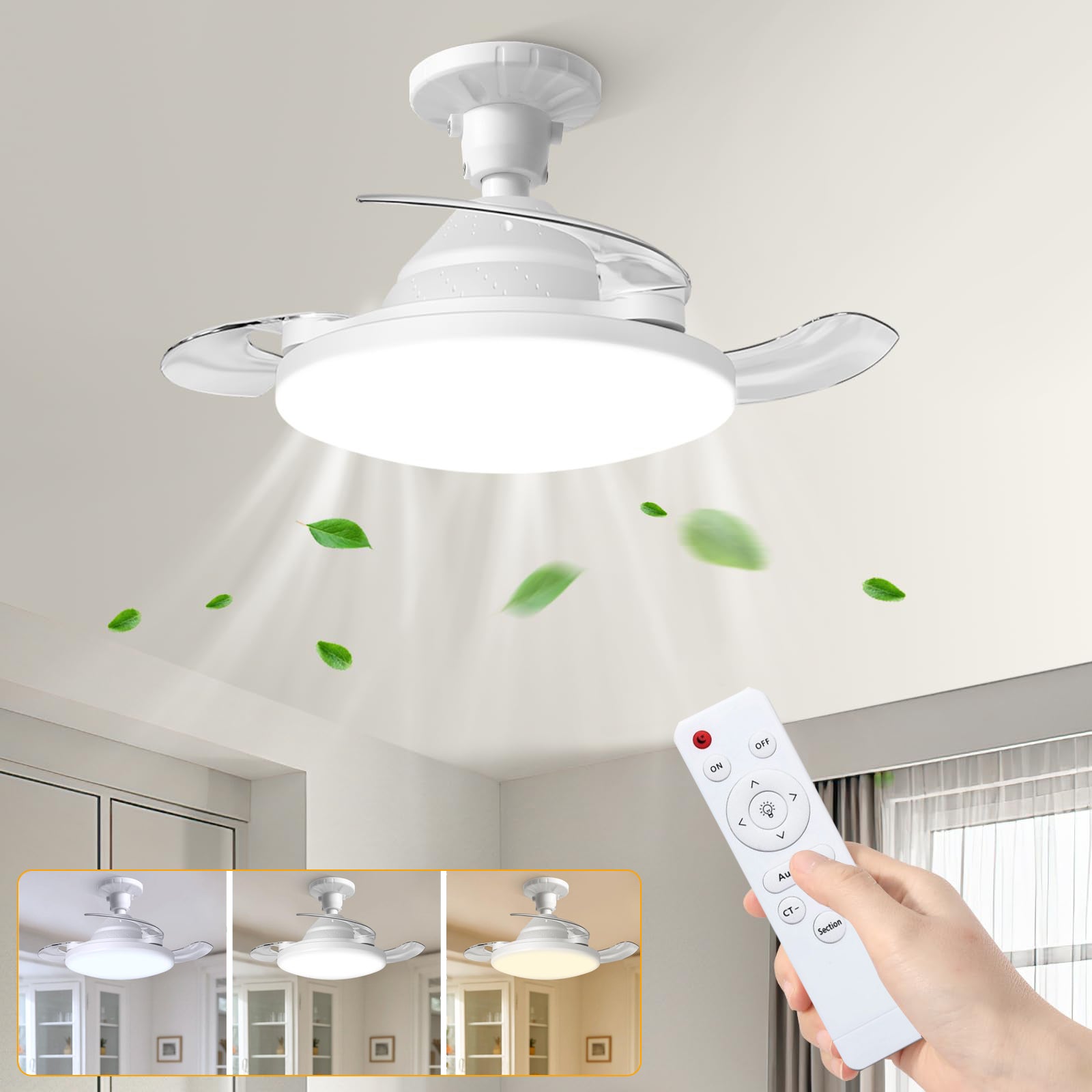 Wentylator sufitowy ze światłami LED i pilotem, mały wentylator LED, 3 prędkości, 3 kolory z możliwością ściemniania, 38 cm (bez oprawki E27)