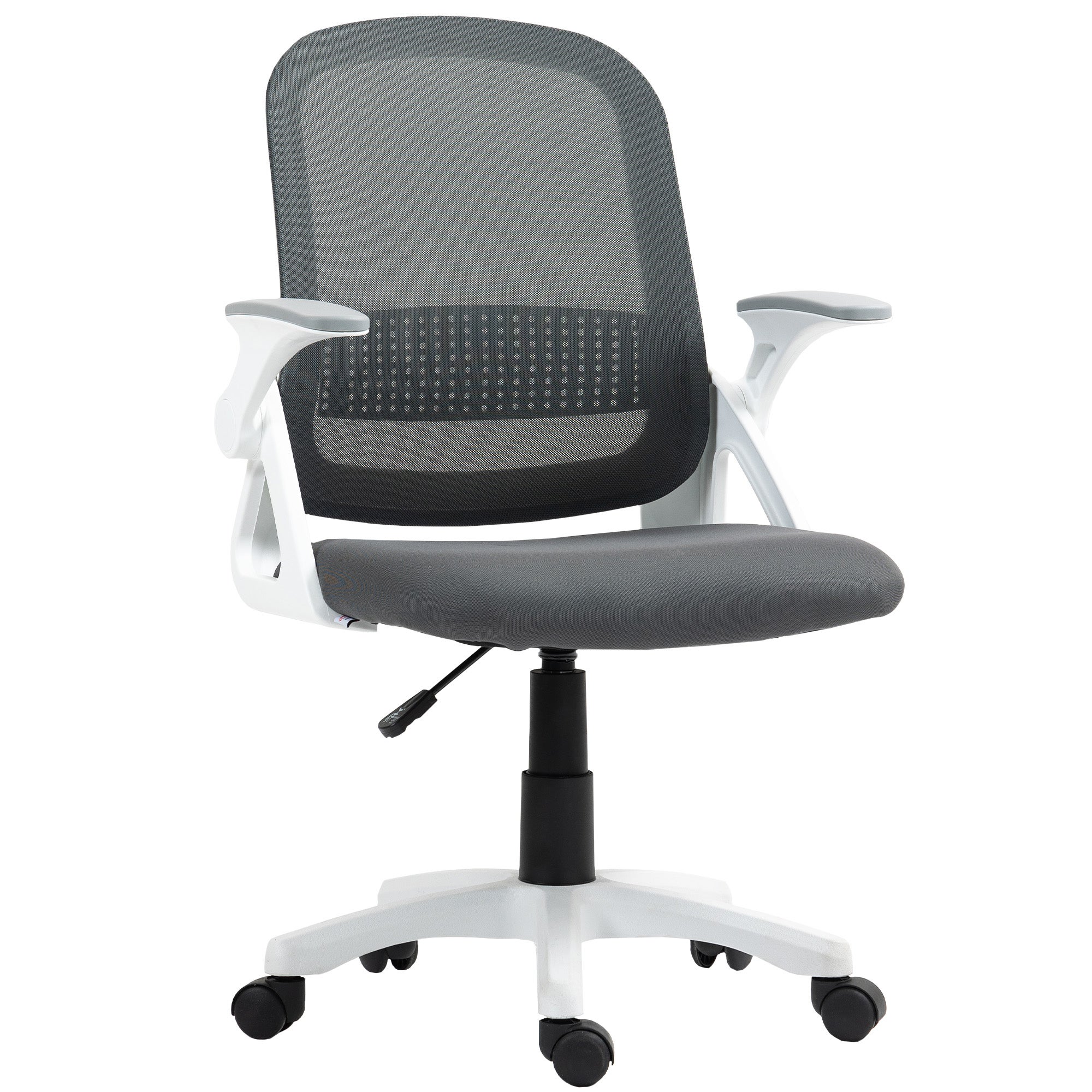 Ergonomiczny obrotowy fotel biurowy z przewiewnej siatki, ze składanymi podłokietnikami i podparciem lędźwiowym, szary