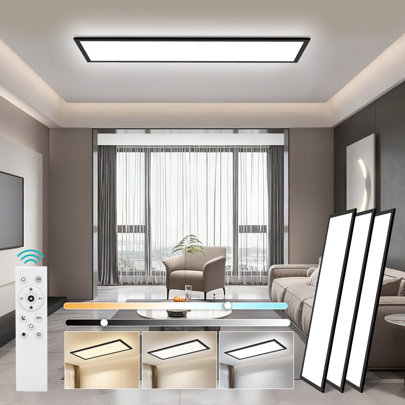 LOVHAUS 3PCS Lampa Sufitowa LED 36W Czarna 120x30 cm, Panel LED Sufitowy Prostokątny Nowoczesny Ściemniający do Salonu, Biura, Kuchni z Pilotem