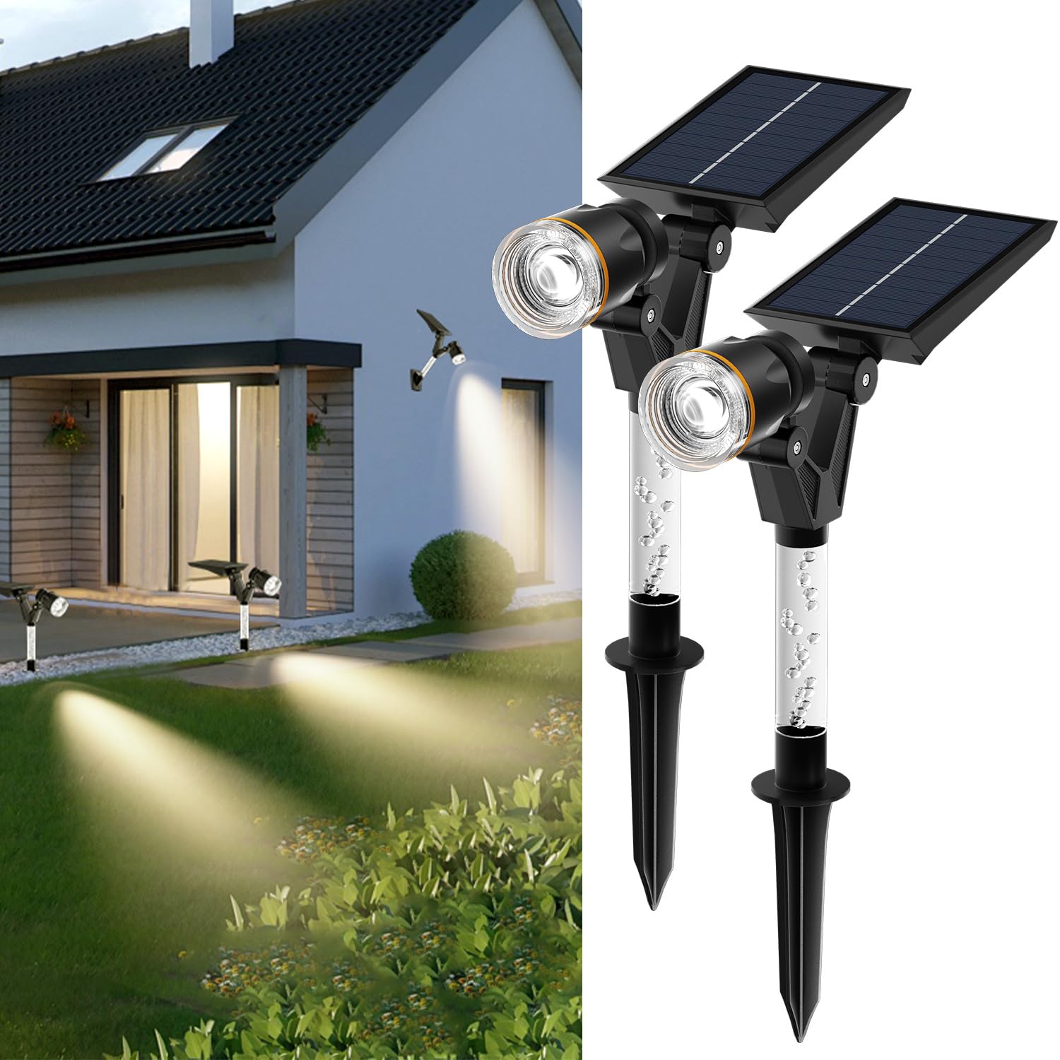 Dwie wodoodporne lampy solarne do użytku zewnętrznego, lampy solarne do ogrodu, kinkiety 3000K, reflektorki do ogrodu.