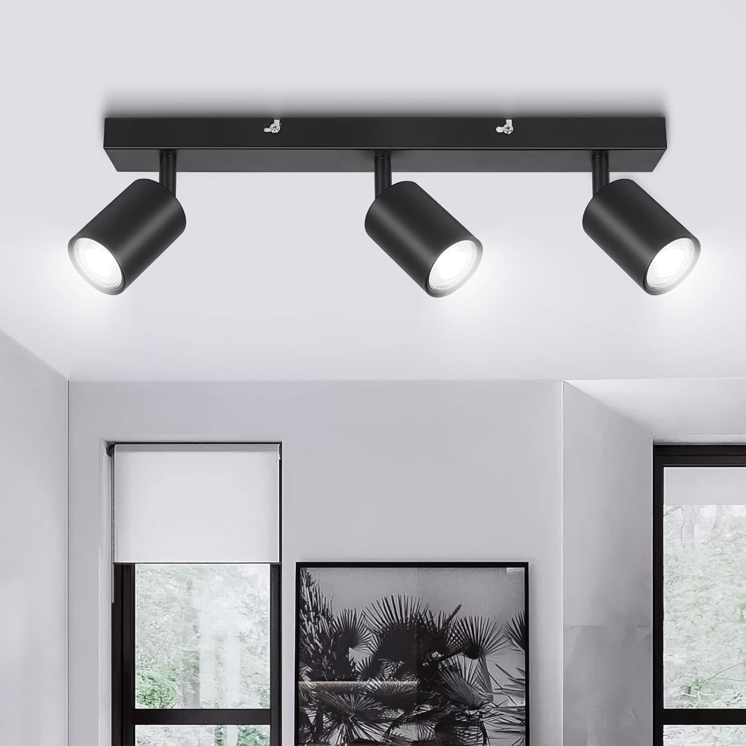 Czarna obrotowa lampa sufitowa typu spot, nowoczesny plafon GU10, obrotowe reflektory sufitowe LED z 3 spotami do kuchni, bez żarówek