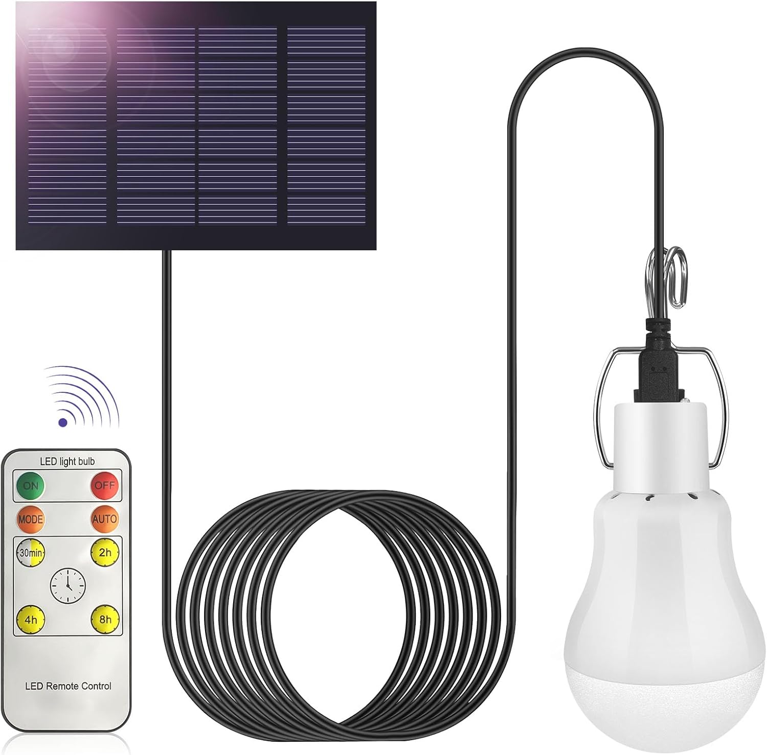 3W zewnętrzna żarówka LED zasilana energią słoneczną z pilotem, przenośna lampa wisząca z akumulatorem USB i czujnikiem światła, do użytku na kempingu