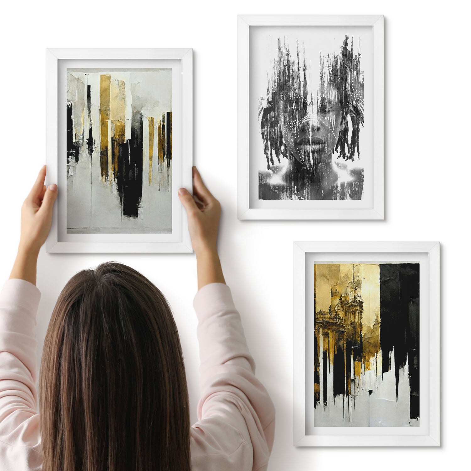 Galeria ścienna 3-częściowy komplet obrazów w białych ramach - Kontrastujące abstrakcje z portretem i architekturą - ArtPrintCave