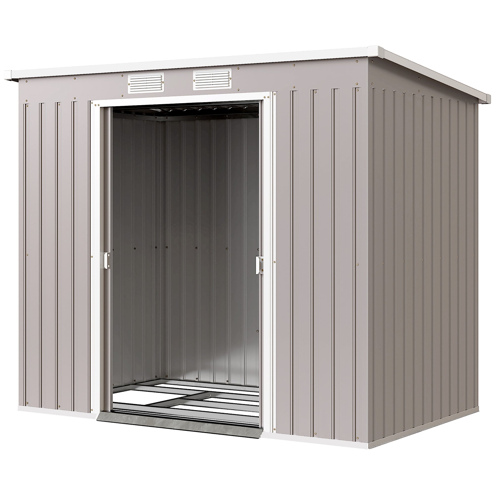 Altana ogrodowa 2,42 m² (213 x 130 x 172 cm) z drzwiami przesuwnymi, dachem skośnym, podstawą i 2 oknami, jasnoszara