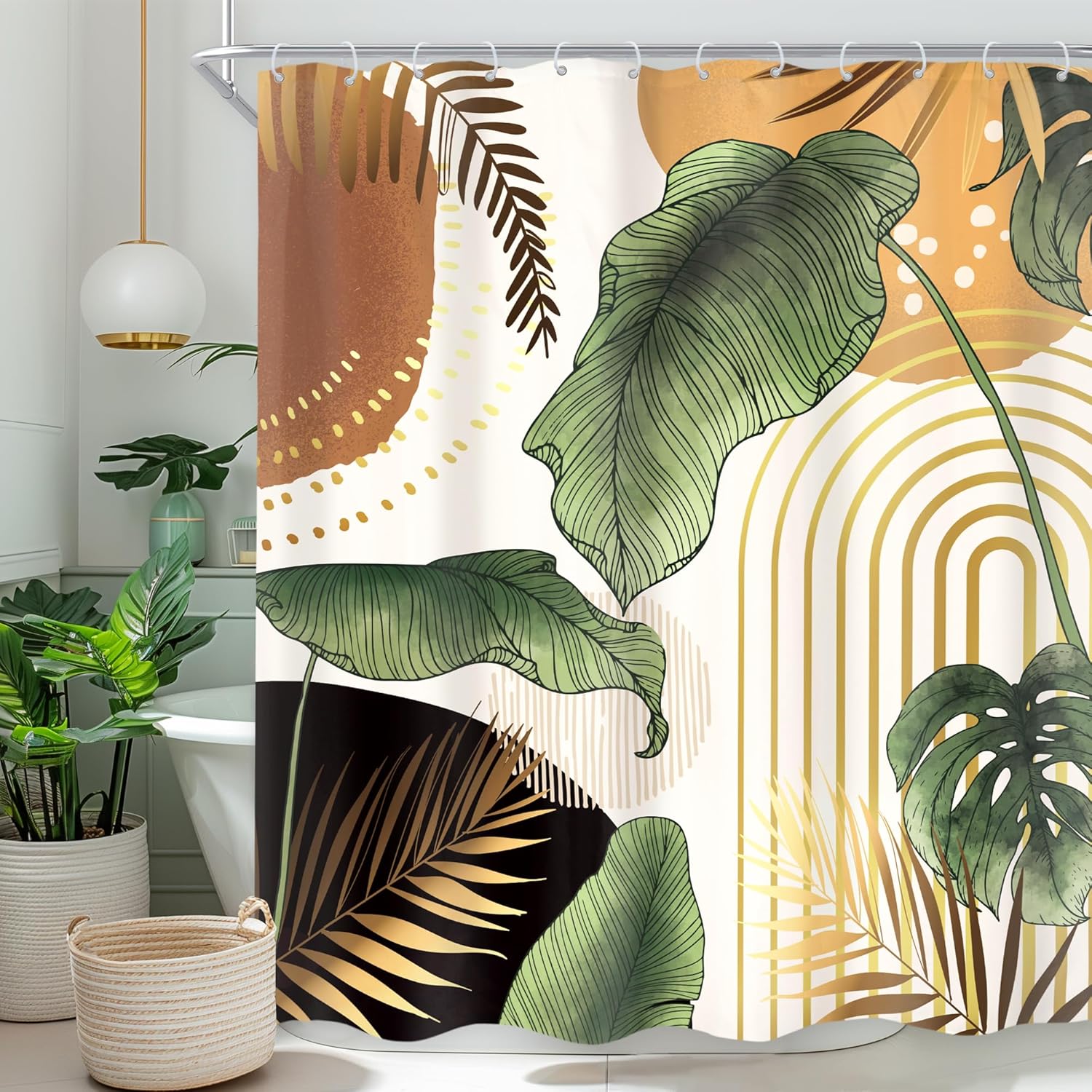 Zasłona prysznicowa w stylu boho z połowy XX wieku, 180 x 180 cm (szer. x wys.), brązowa, nowoczesna, abstrakcyjna, boho, vintage, tropikalna, zielona