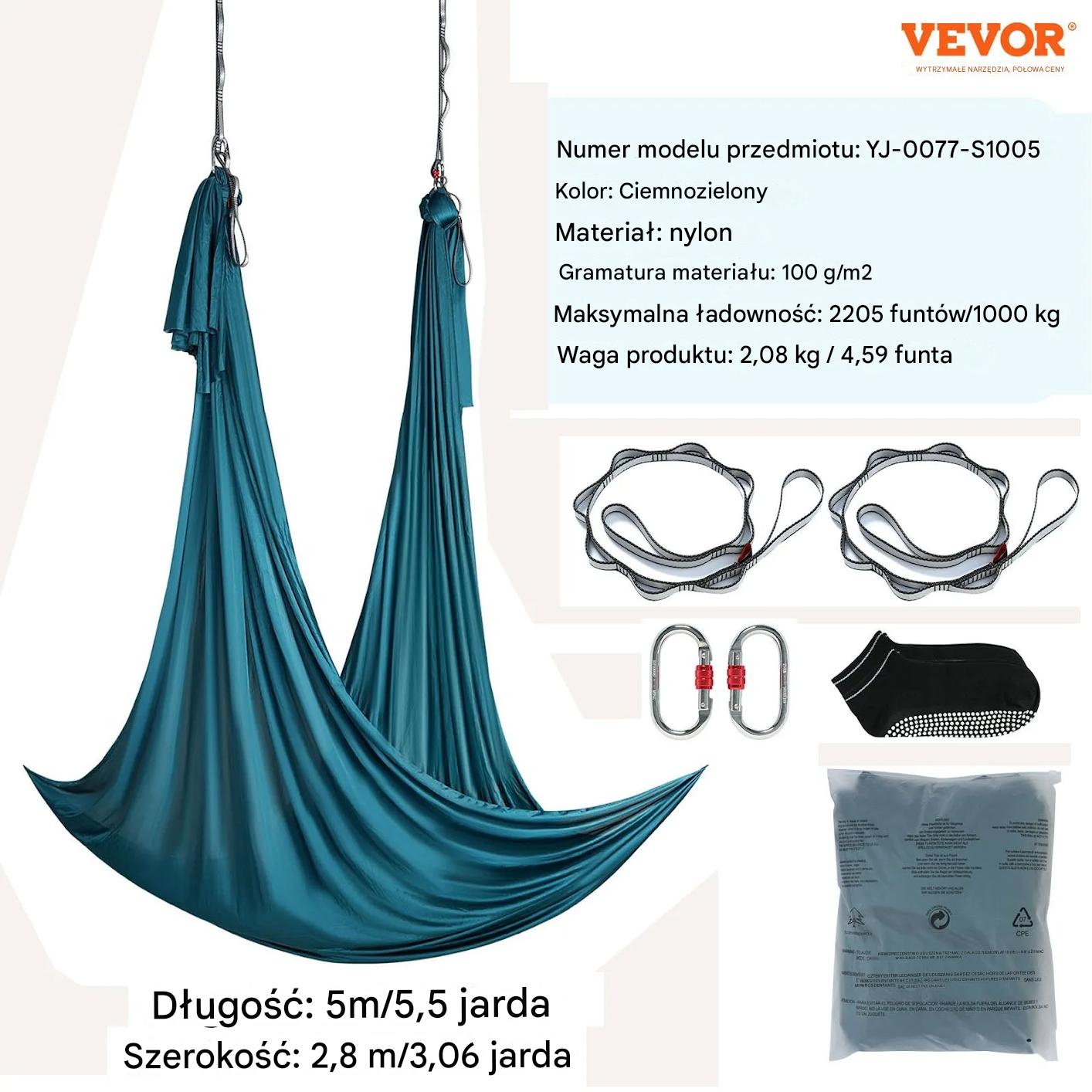 Hamak aerial yoga 5m z osprzętem 100gsm nylon do treningu zielony