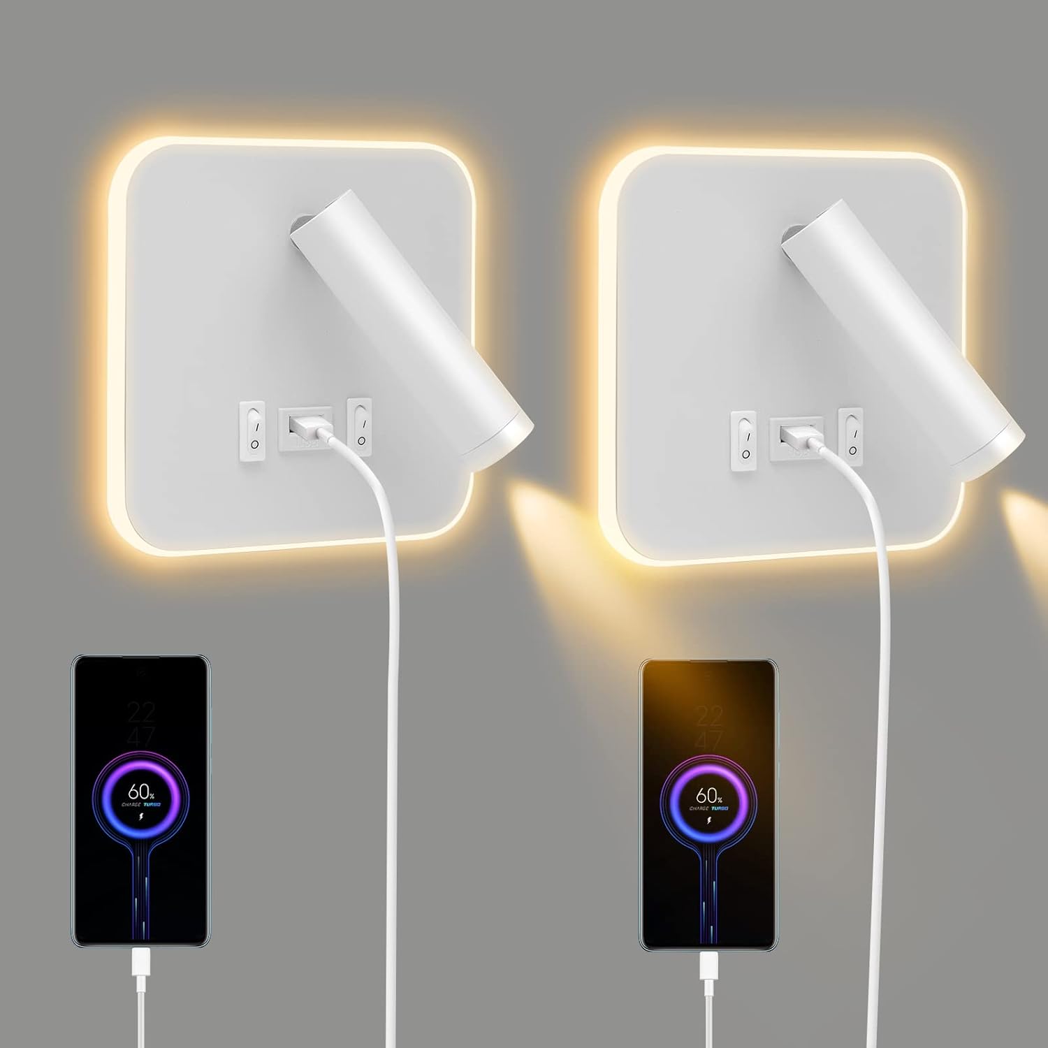 Zestaw 2 wewnętrznych lampek ściennych LED, lampka do czytania z włącznikiem, obrót o 360°, lampka nocna 3000K, regulowany reflektor