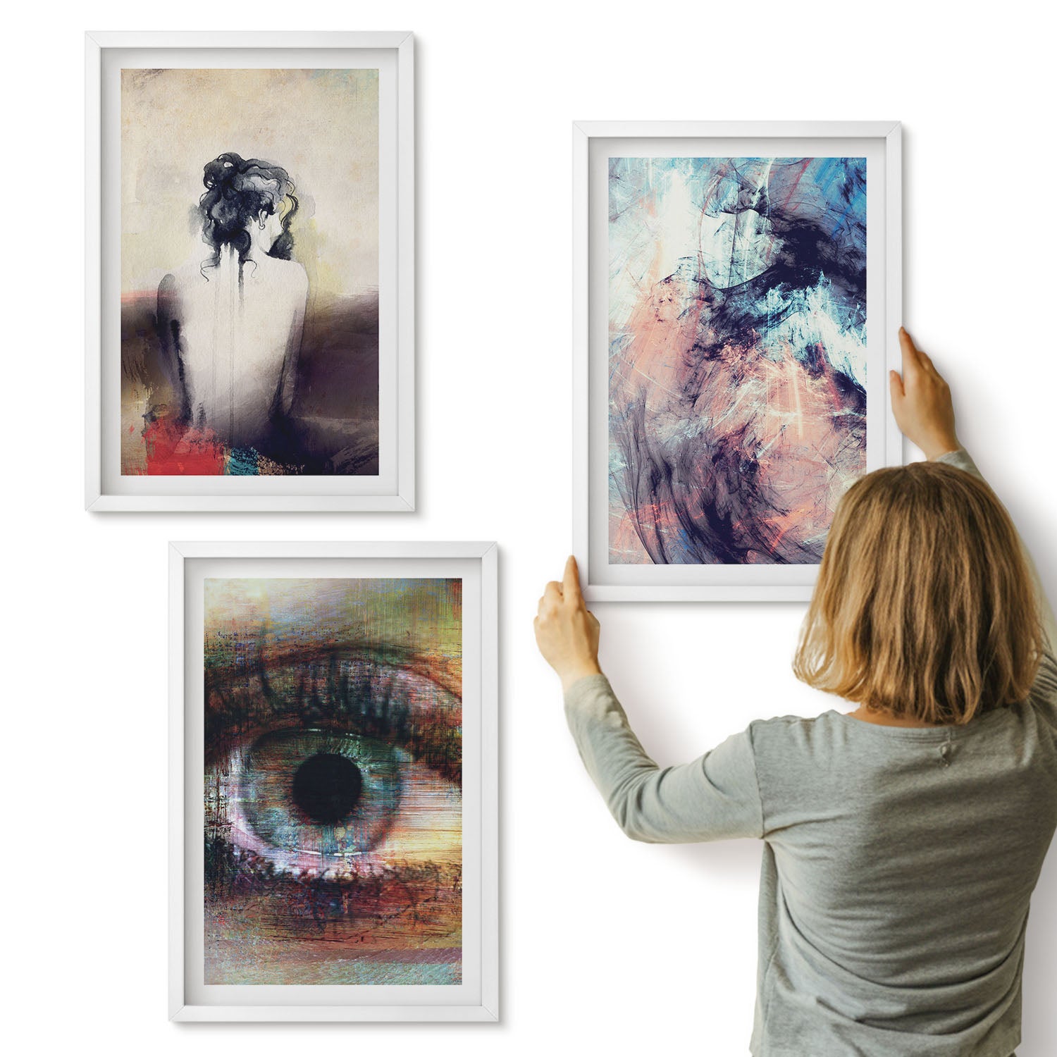 Galeria ścienna 3-częściowy komplet obrazów w białych ramach - Portret kobiety oko abstrakcyjne kolory emocje - ArtPrintCave