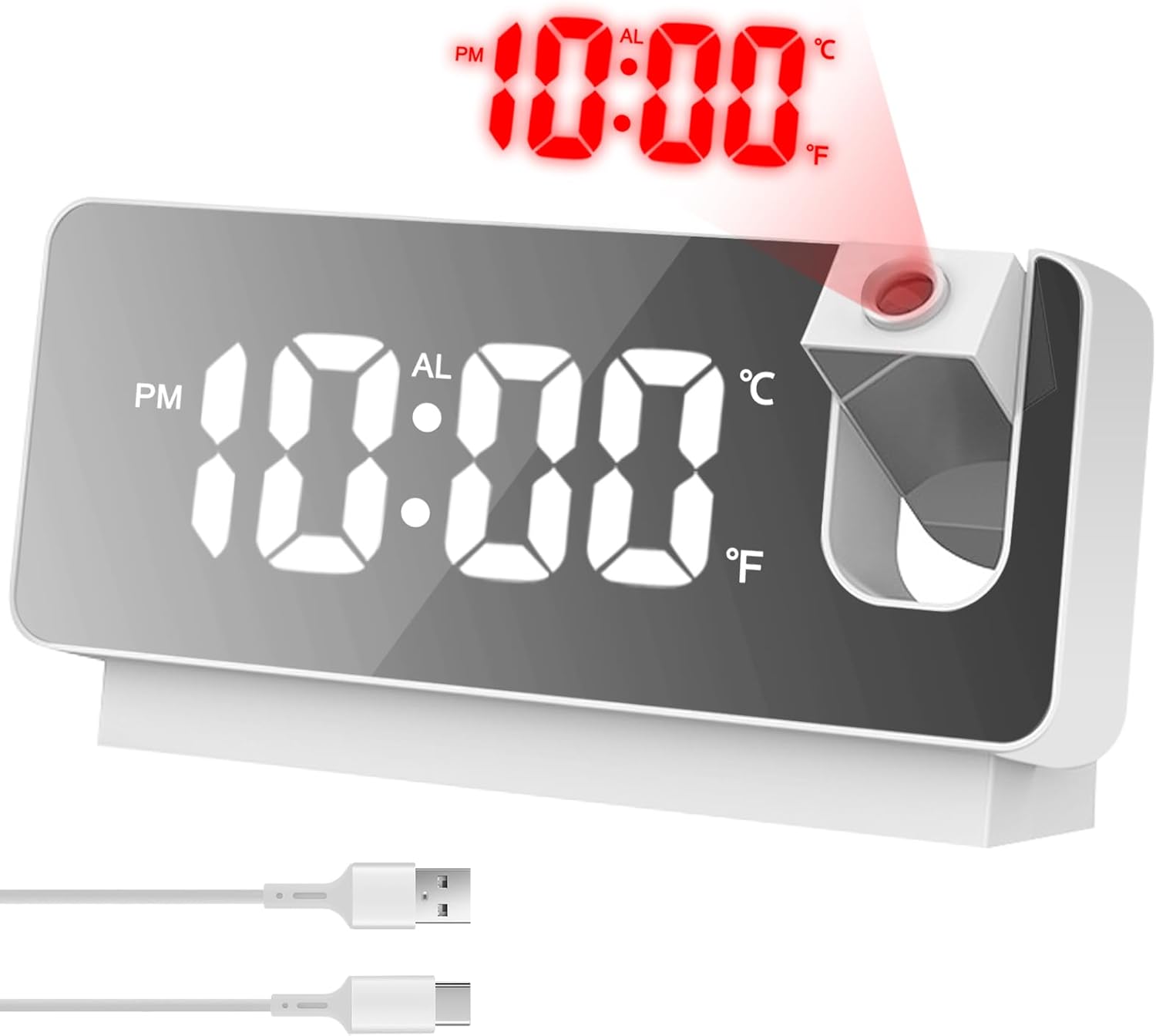 Cyfrowy budzik lustrzany z projekcją i wyświetlaczem temperatury – duży ekran LED – funkcja USB do sypialni
