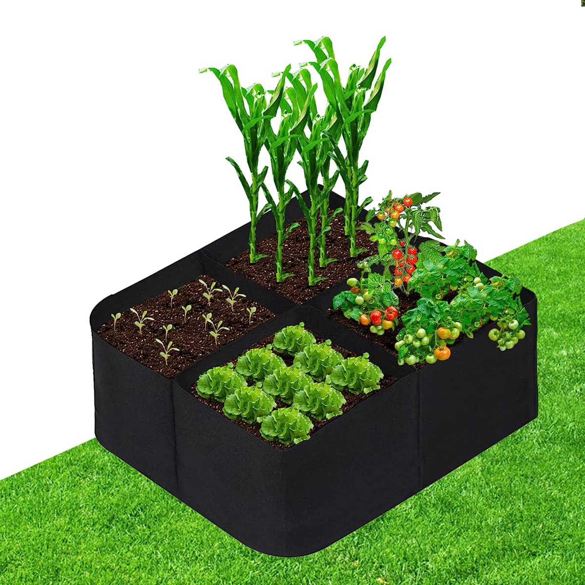 Podwyższone grządki ogrodowe z tkaniny zewnętrznej, 61 x 61 x 31 cm, 4 przegródki, torby do uprawy roślin, oddychająca skrzynia na warzywa