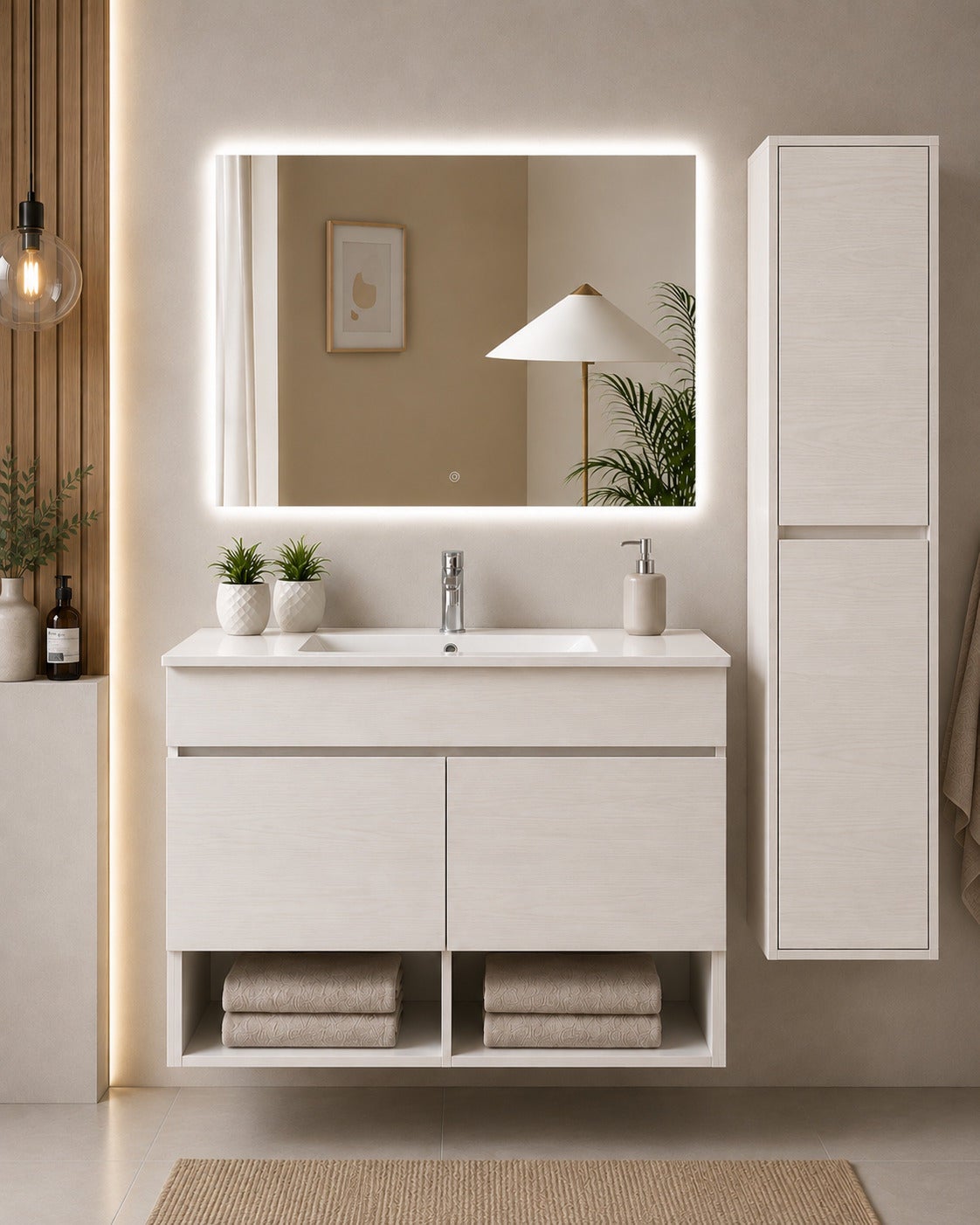Wisząca szafka łazienkowa z umywalką ORIGENBATH NEBARI z drzwiami z kolumną 90x45 cm biały nordycki z kolumną
