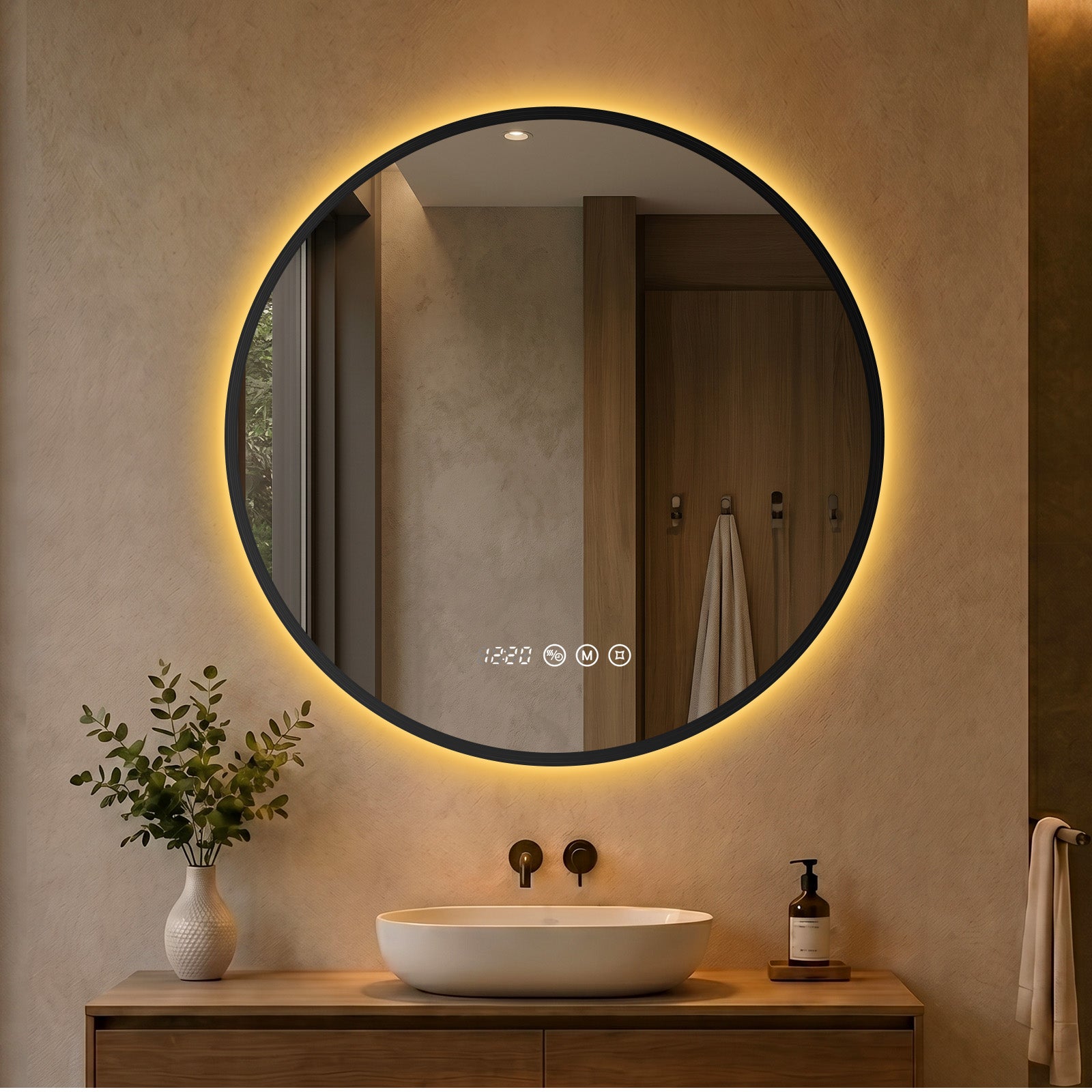 Lustro łazienkowe LED okrągłe 70 cm z czarną ramą, lustro podświetlane z funkcją przeciwmgielną, 3 barwy światła, zegar, temperatura, pamięć