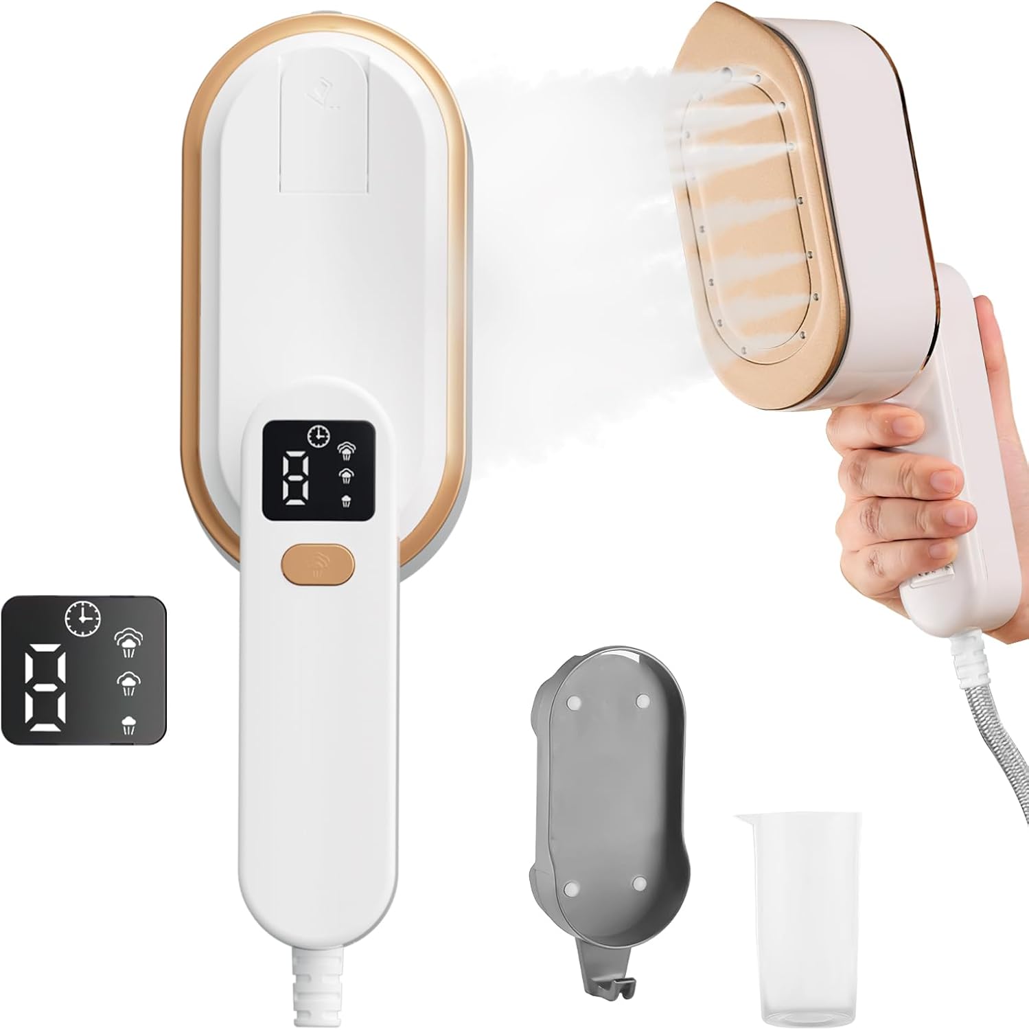 Żelazko parowe podróżne z wyświetlaczem LCD, czas nagrzewania 10 sekund, moc 2000 W, rączka obracana o 180°, przenośna parownica do ubrań, 3 poziomy p
