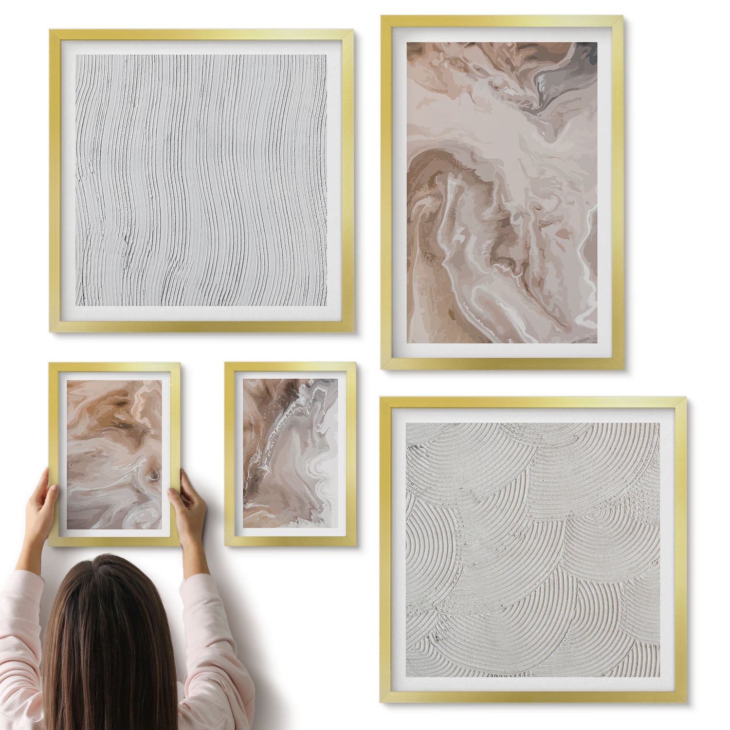 Galeria ścienna 5-częściowy komplet obrazów w złotych ramach - Tekstura kamienia abstrakcyjne wzory marmuru - ArtPrintCave