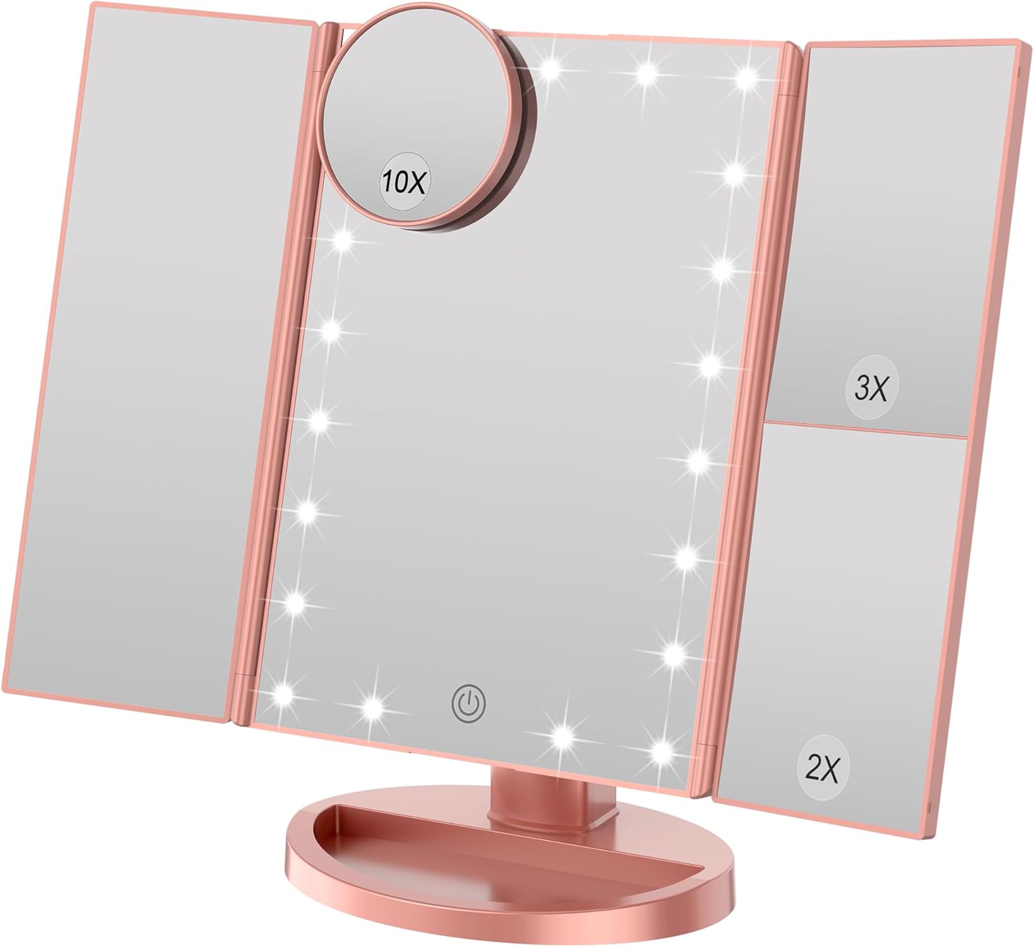 Lustro do makijażu z regulowaną jasnością, 22 diodami LED i powiększeniem 1X/2X/3X, podwójne zasilanie (różowe złoto)