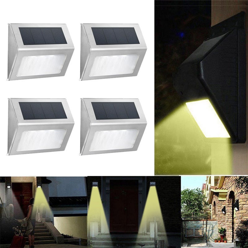 Zestaw 4 trójkątnych lamp solarnych, stal nierdz., 3 LED ciepłe, dekoracja zewnętrzna.