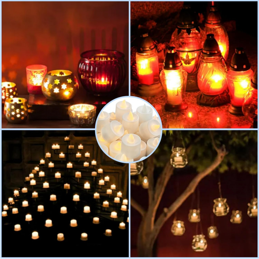 12 bezpłomieniowych świeczek typu tealight LED, ciepłe białe światło, bezzapachowe, zasilane bateriami, migoczące płomienie