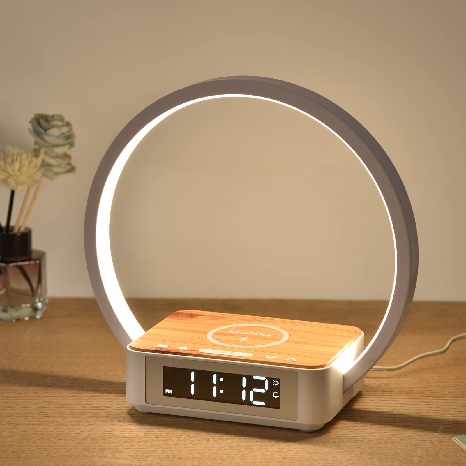 Lampka biurkowa z budzikiem, bezprzewodowa ładowarka Qi, 3-tonowa lampka dotykowa, lampka nocna, lampa stołowa z bezprzewodowym ładowaniem 10 W maks.