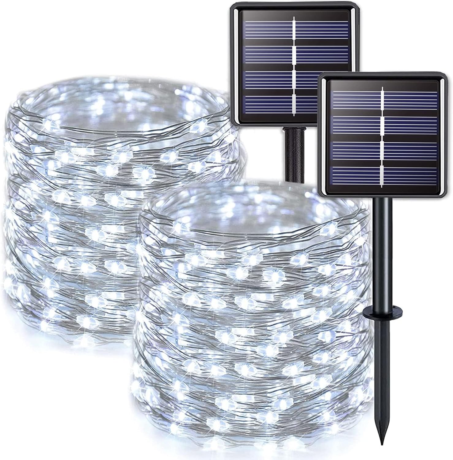 Dwa zasilane energią słoneczną zewnętrzne lampki choinkowe o długości 22 m każda, wyposażone w 200 białych diod LED i 8 trybów oświetlenia