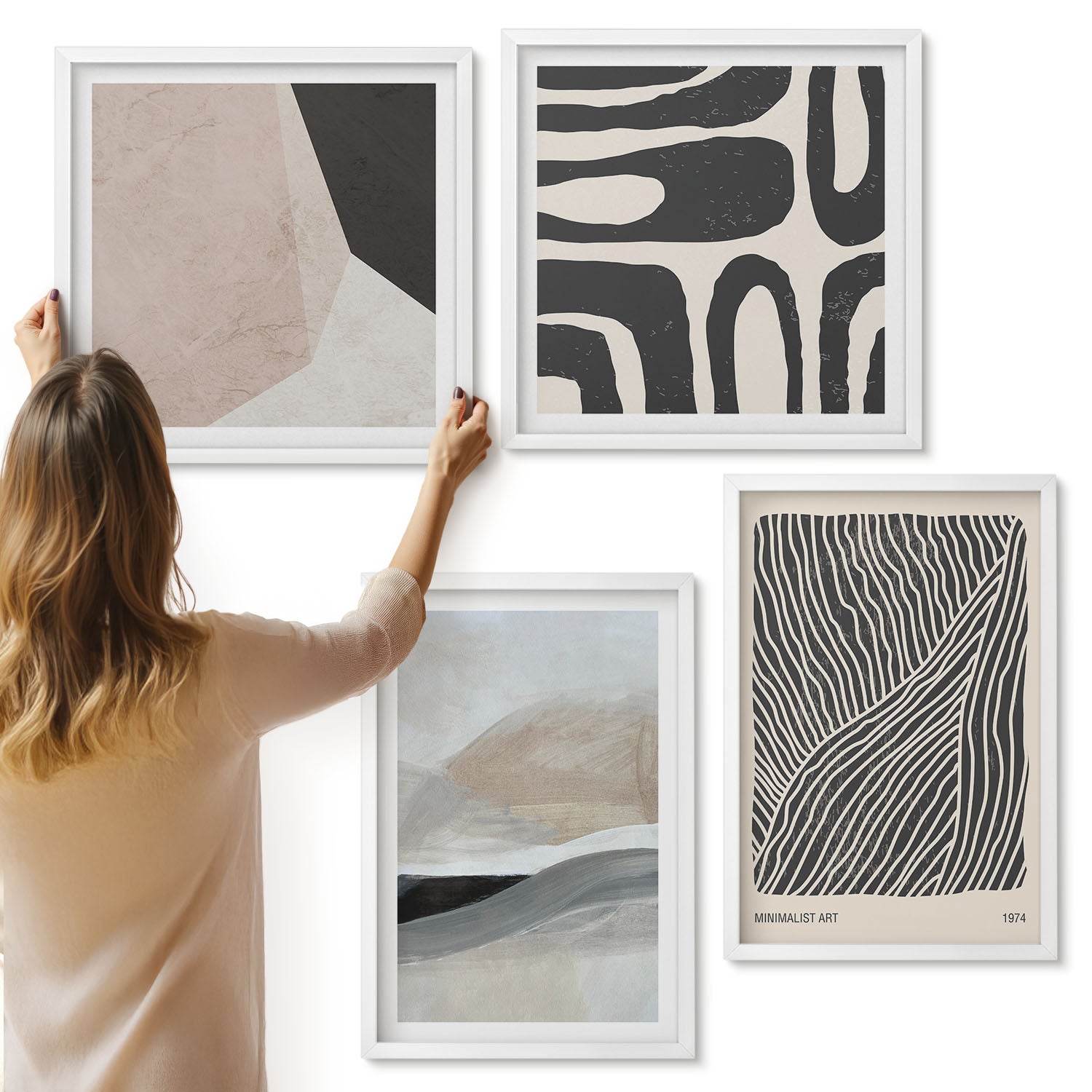 Galeria ścienna 4-częściowy komplet obrazów w białych ramach - Abstrakcyjne wzory kształty dekoracyjne boho - ArtPrintCave