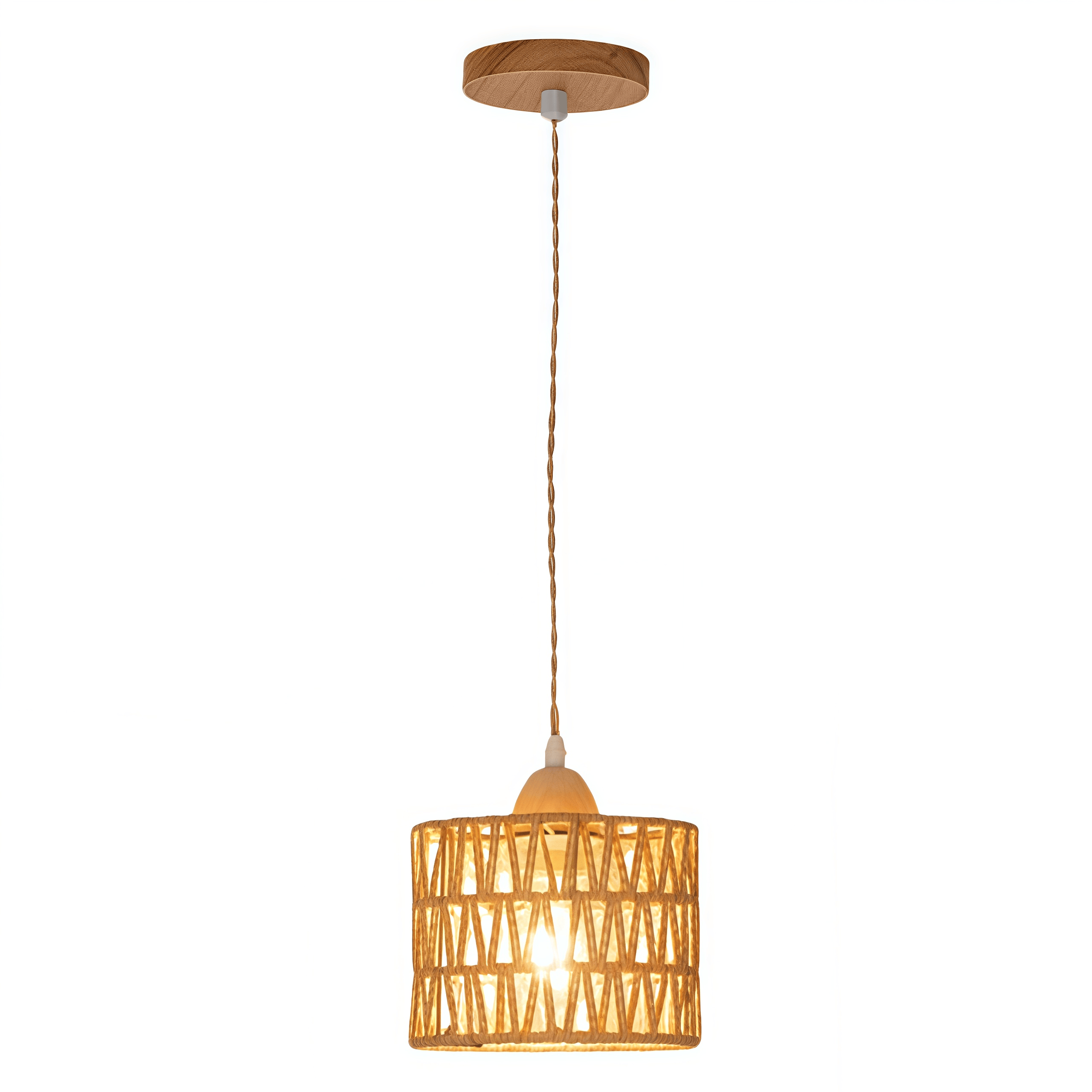 Żyrandol z rattanu w stylu boho, lampa nad wyspę kuchenną, żyrandol w stylu wiejskim, lampa sufitowa, okrągły, pleciony abażur z rattanu