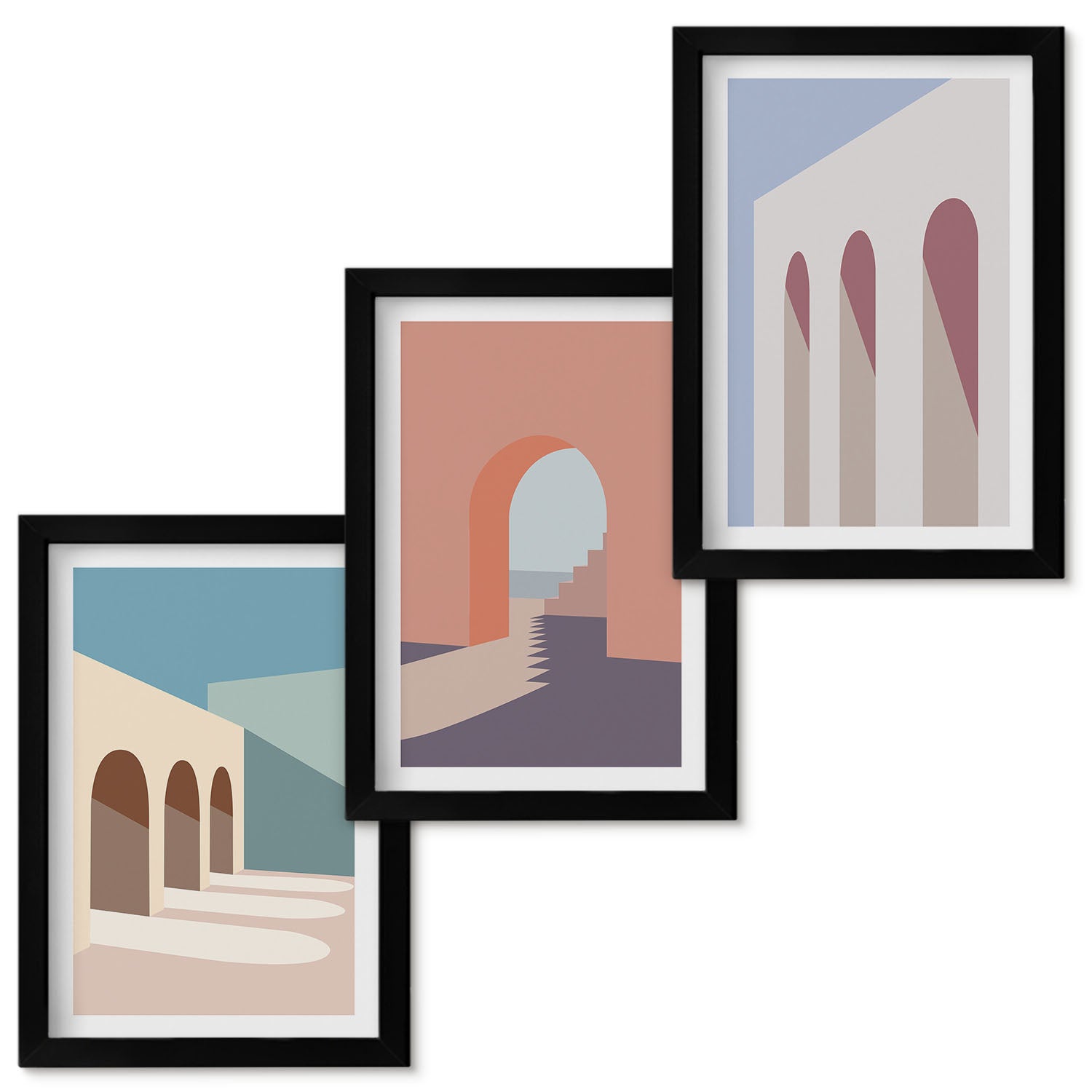 Zestaw obrazów w ramie - 3 części | Pastelowe minimalistyczne grafiki architektury miejskiej | Czarna ramka