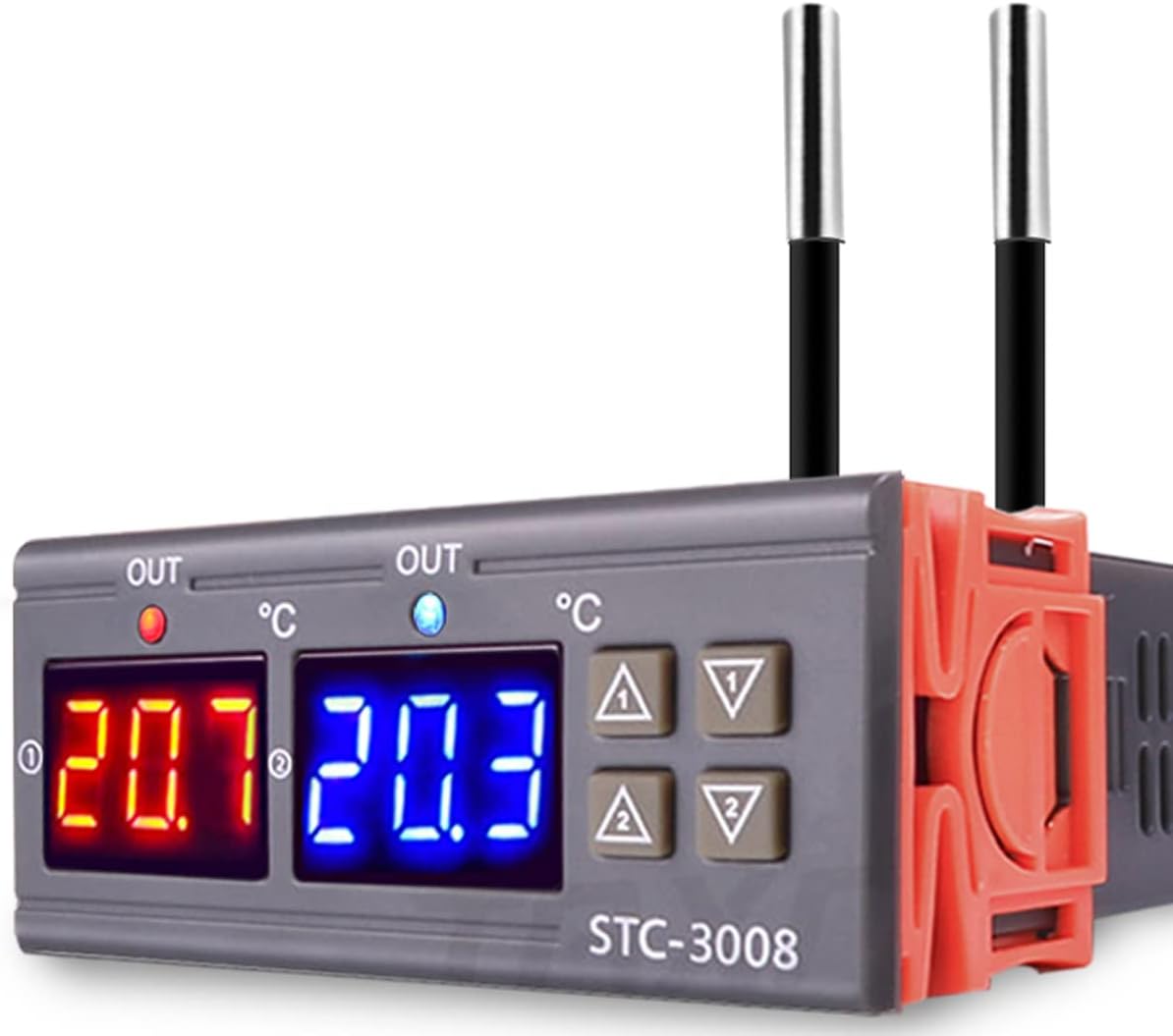 STC-3008 AC 110V-220V Regulator temperatury, cyfrowy regulator temperatury z podwójnym wyświetlaczem i podwójnym czujnikiem sondy