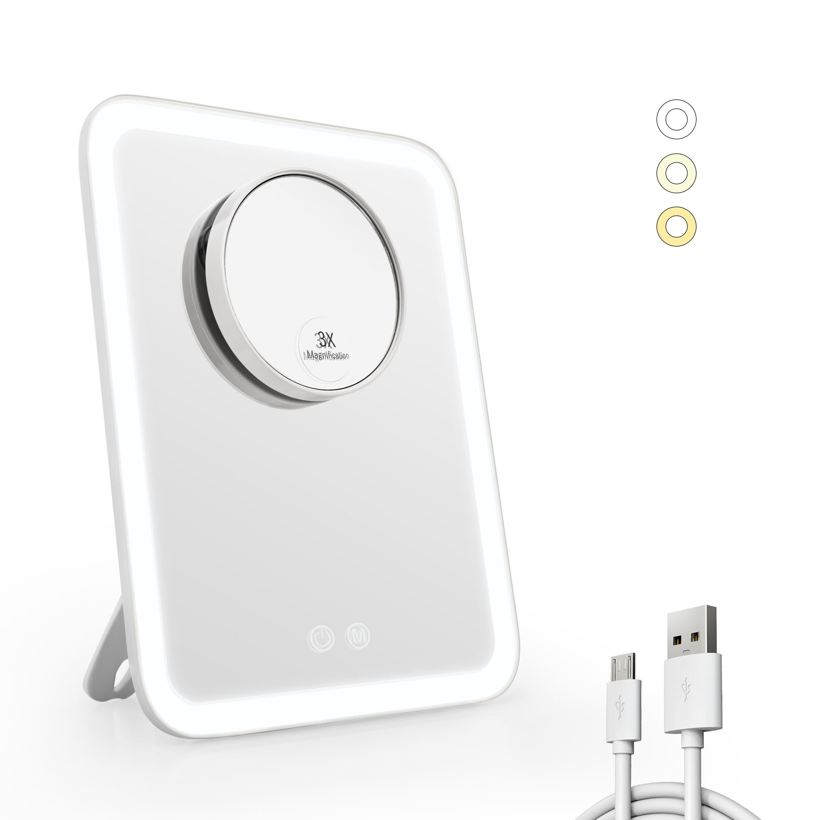 EMKE Lusterko do makijażu, 3 kolory światła, regulowana jasność, powiększenie 3x, ładowanie USB
