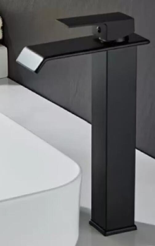 Bateria łazienkowa w stylu wodospadu – bateria jednootworowa z mieszaczem wody ciepłej i zimnej – prosta wylewka – wysoka – czarna: 17 x 6 x 30,5 cm