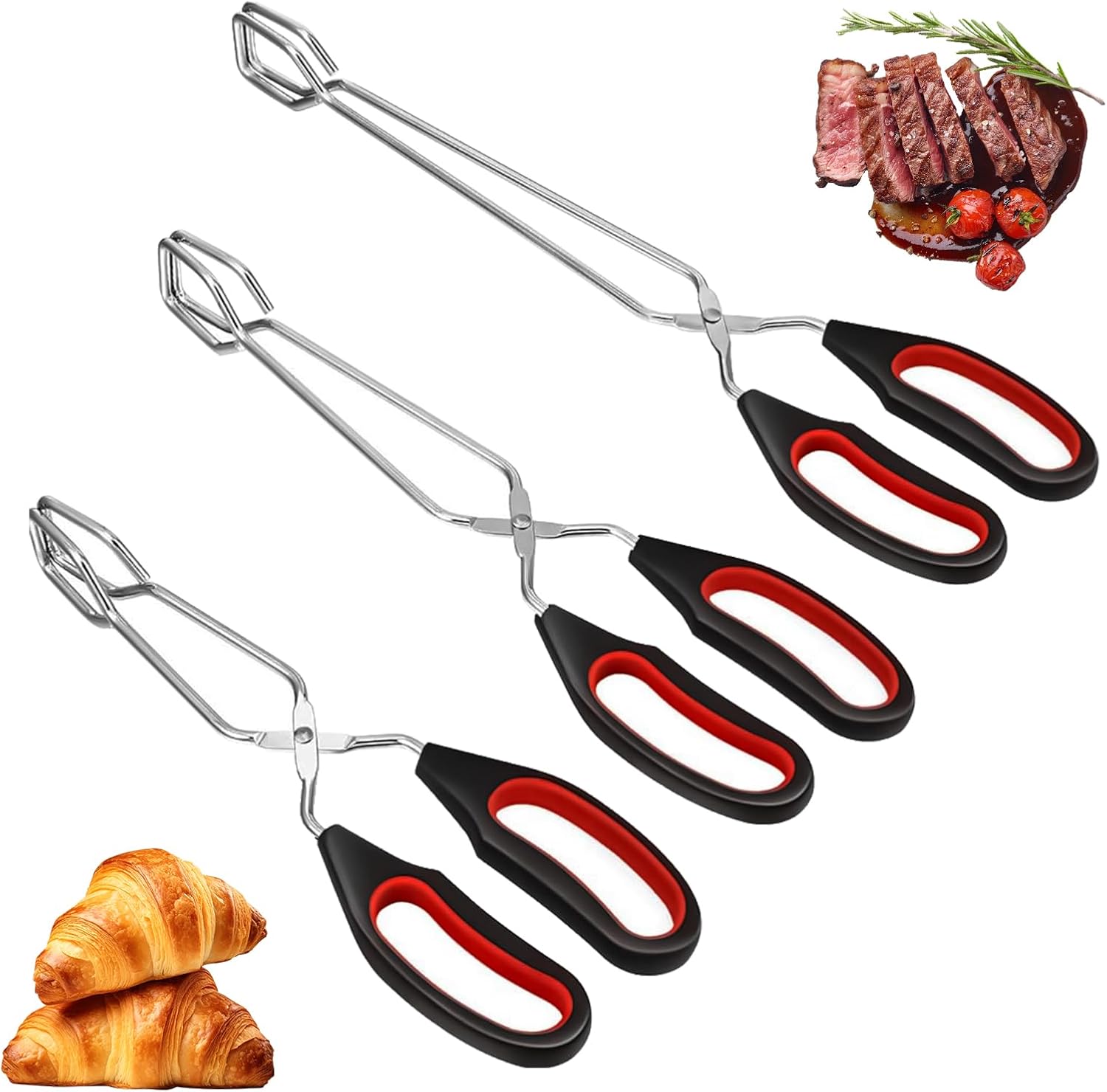Zestaw 3 szczypiec do grilla ze stali nierdzewnej z uchwytami, w tym nożyczki i szczypce do grillowania.