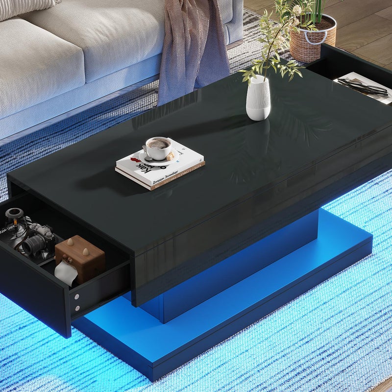 Stolik kawowy 100 x 50 x 45 cm – z 2 szufladami – z oświetleniem LED – wykończenie błyszczące – kolor czarny