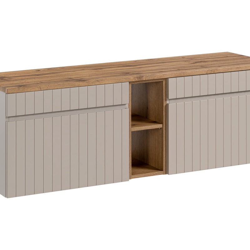 Szafka łazienkowa ICONIC Cashmere 140 cm z blatem dąb i regałem wisząca frezowana