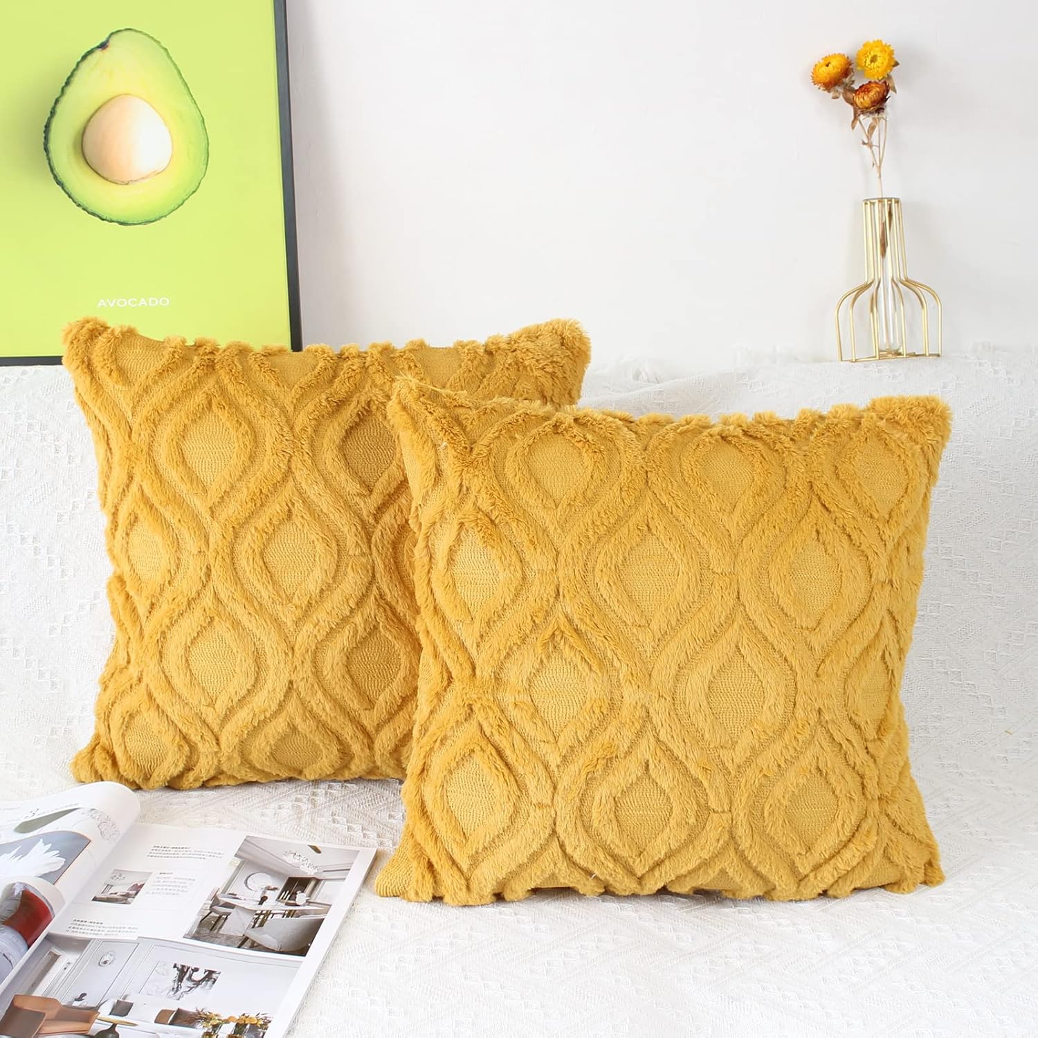 Zestaw dwóch poszewek na poduszki 45x45cm z pluszu dekoracyjnego w stylu boho, haftowane, z imitacji futra, luksusowe kwadratowe poduszki