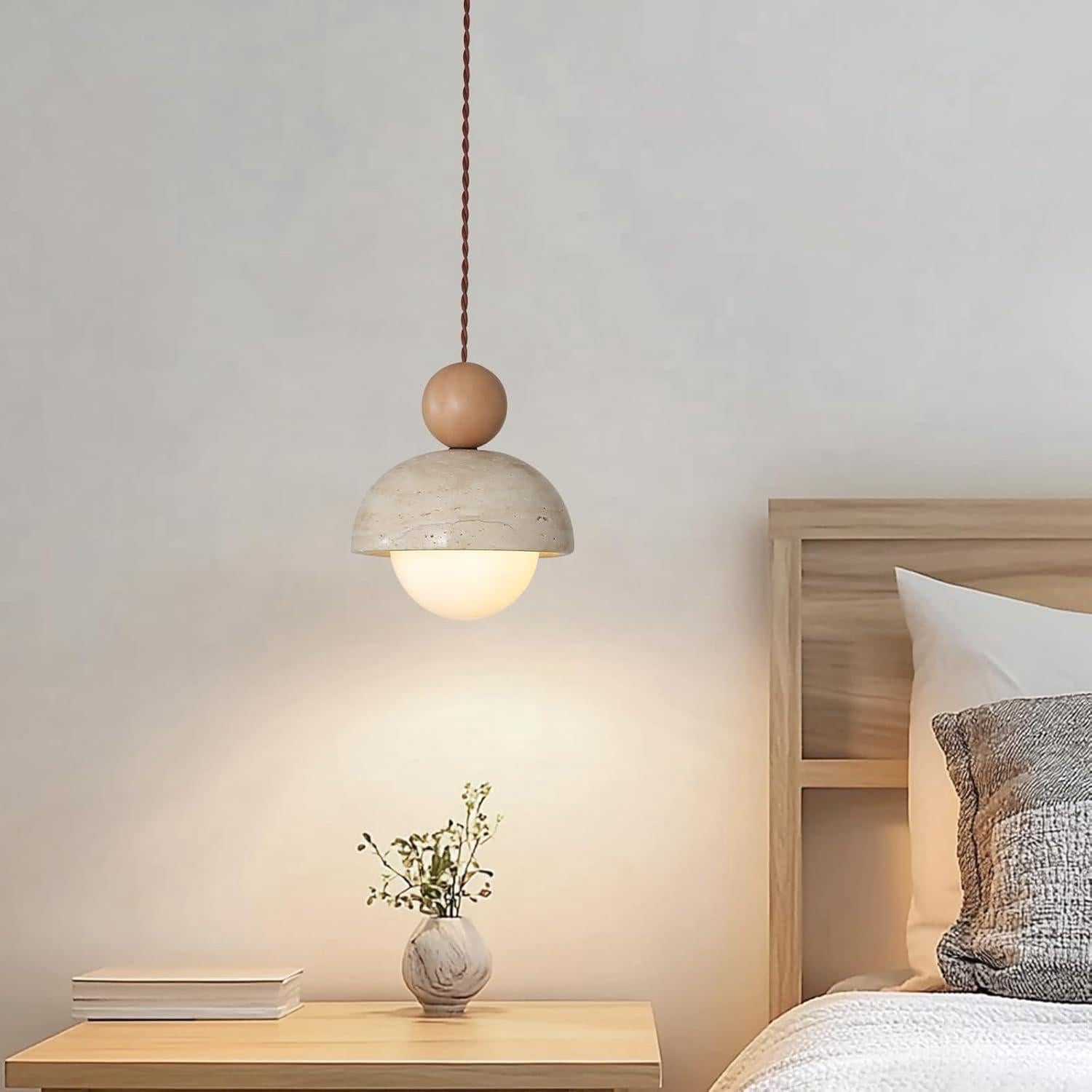 Japoński żyrandol Wabi-Sabi z żółtego trawertynu z naturalnym kamiennym kloszem, drewniana lampa wisząca, mini lampa wisząca G9 w stylu nordyckim do k