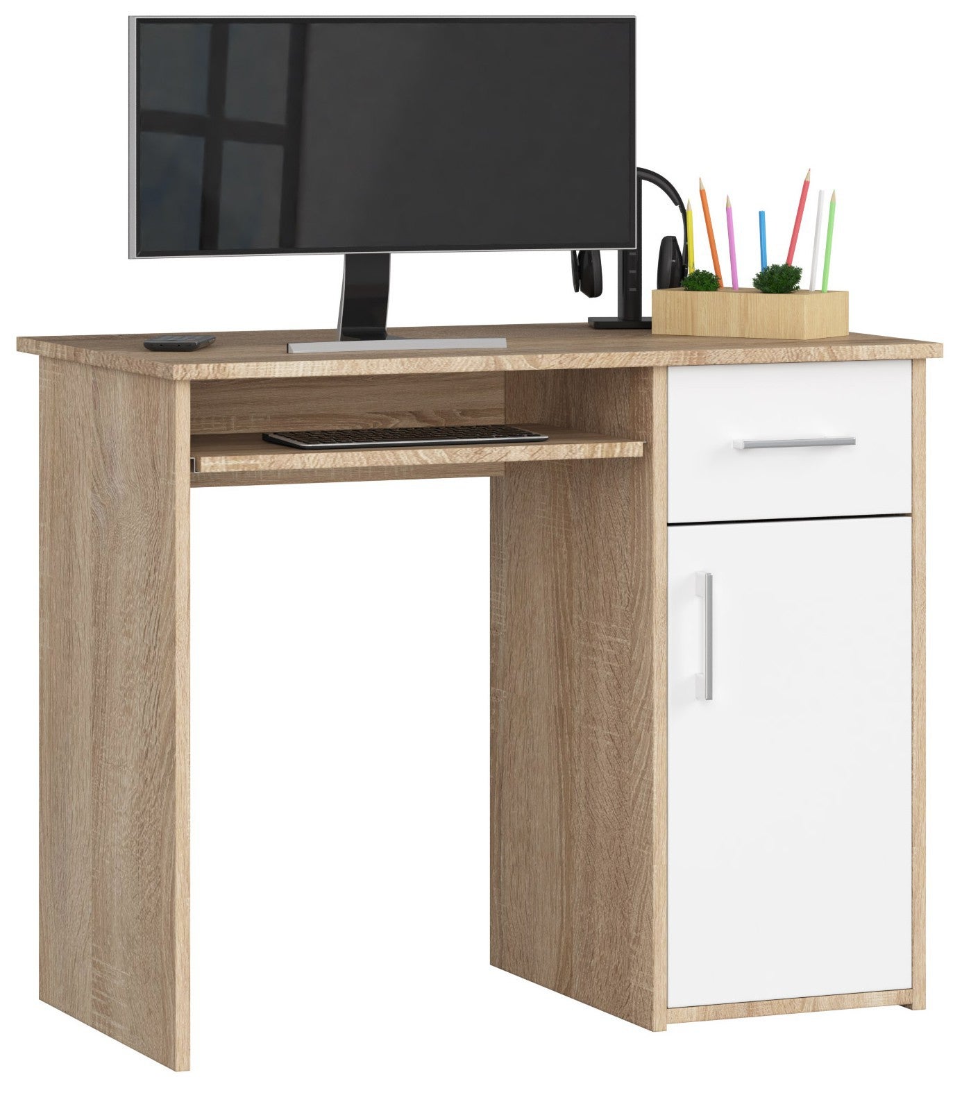 Biurko AKORD PIN Dąb Sonoma 90 cm biurko komputerowe 1 drzwi 1 szuflada kolor Biały mat 3 półki 90x50x74 cm