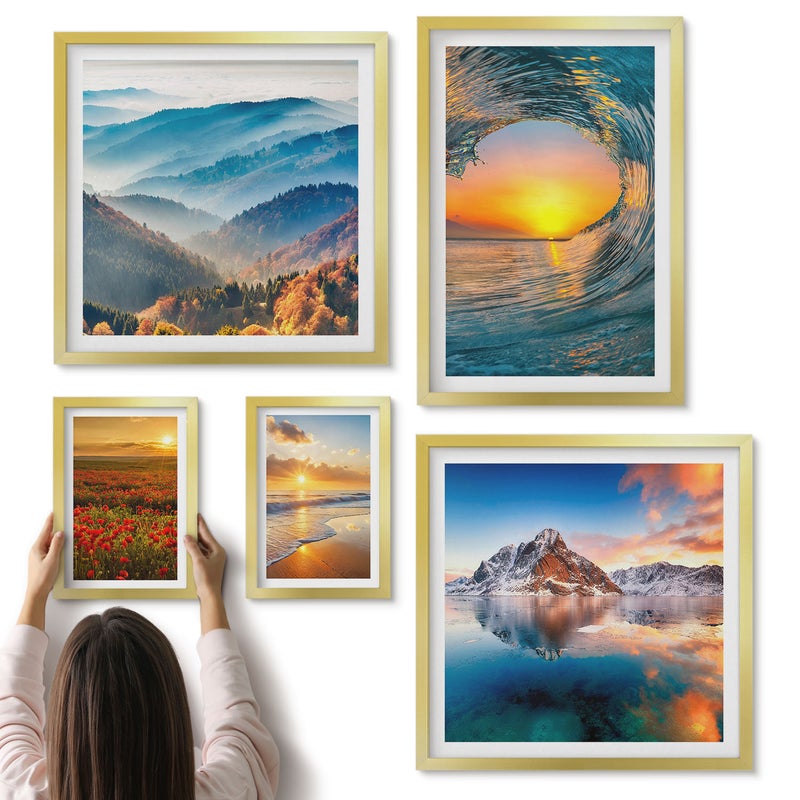 Galeria ścienna 5-częściowy komplet obrazów w złotych ramach - Naturalne pejzaże z morzem górami i kwiatami - ArtPrintCave
