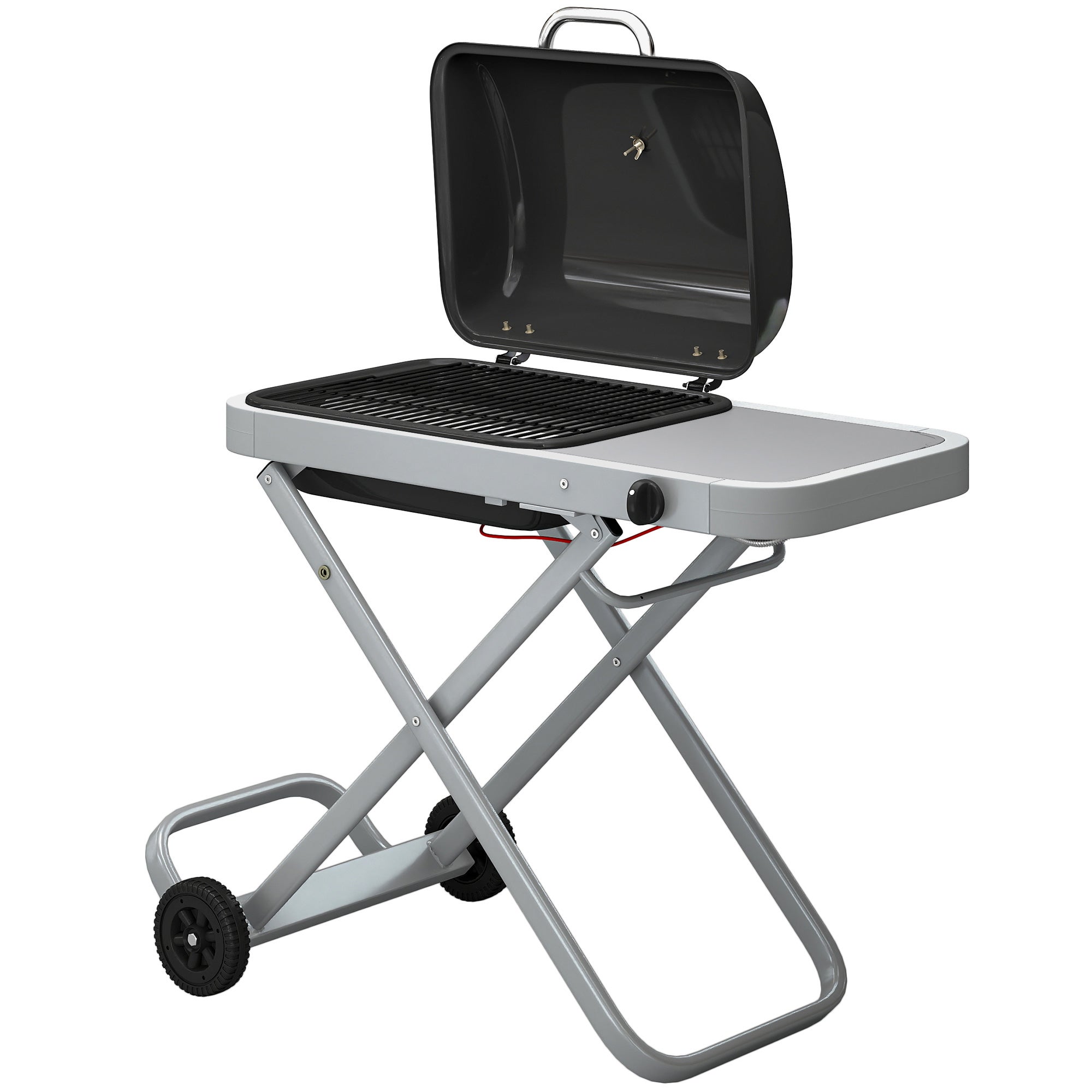 Przenośny grill gazowy, 1 palnik, 2,5 kW, składany wózek, ruszt do grillowania, półka boczna, pokrywa, termometr