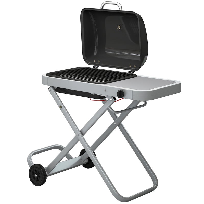 Przenośny grill gazowy, 1 palnik, 2,5 kW, składany wózek, ruszt do grillowania, półka boczna, pokrywa, termometr