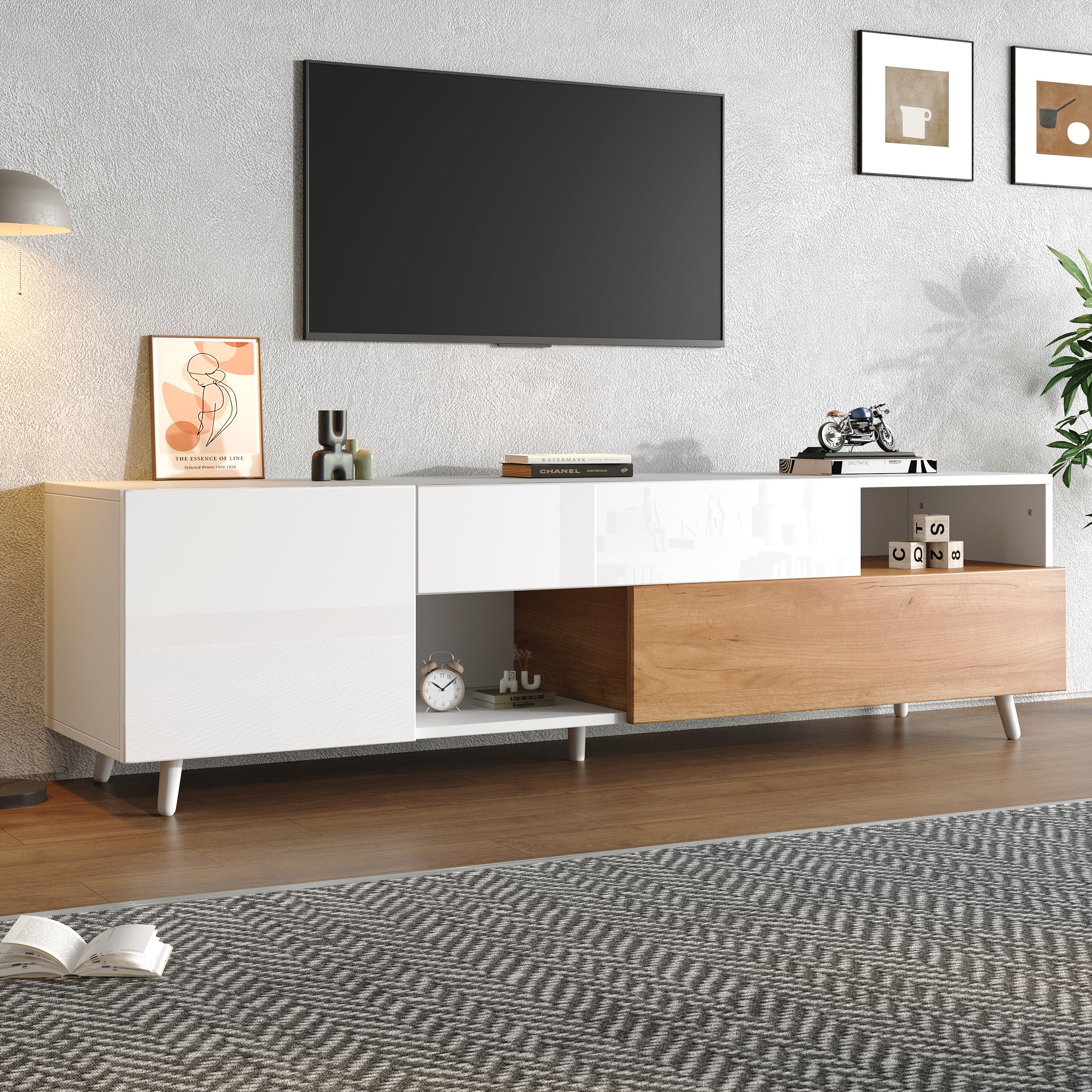 Szafka RTV z 2 drzwiami i 1 szufladą na telewizory 75 cali - 180 x 38 x 50 cm - Płyta wiórowa - Biały + naturalny