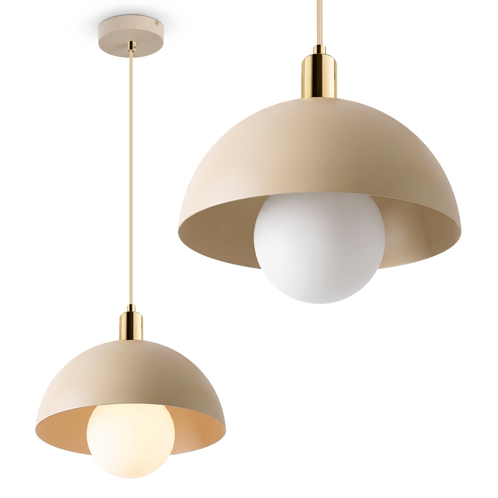 Duża lampa wisząca 30 cm na g9 beżowa ze złotymi dodatkami szklany klosz