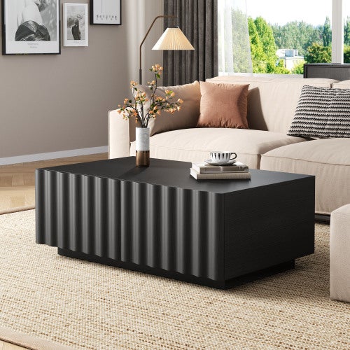 Nowoczesny stolik kawowy 100x50x40 cm - 2 szuflady - Wzór falisty - Płyta MDF + płyta wiórowa - Czarny