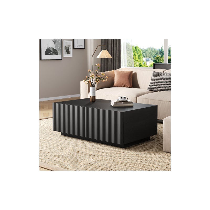 Nowoczesny stolik kawowy 100x50x40 cm - 2 szuflady - Wzór falisty - Płyta MDF + płyta wiórowa - Czarny