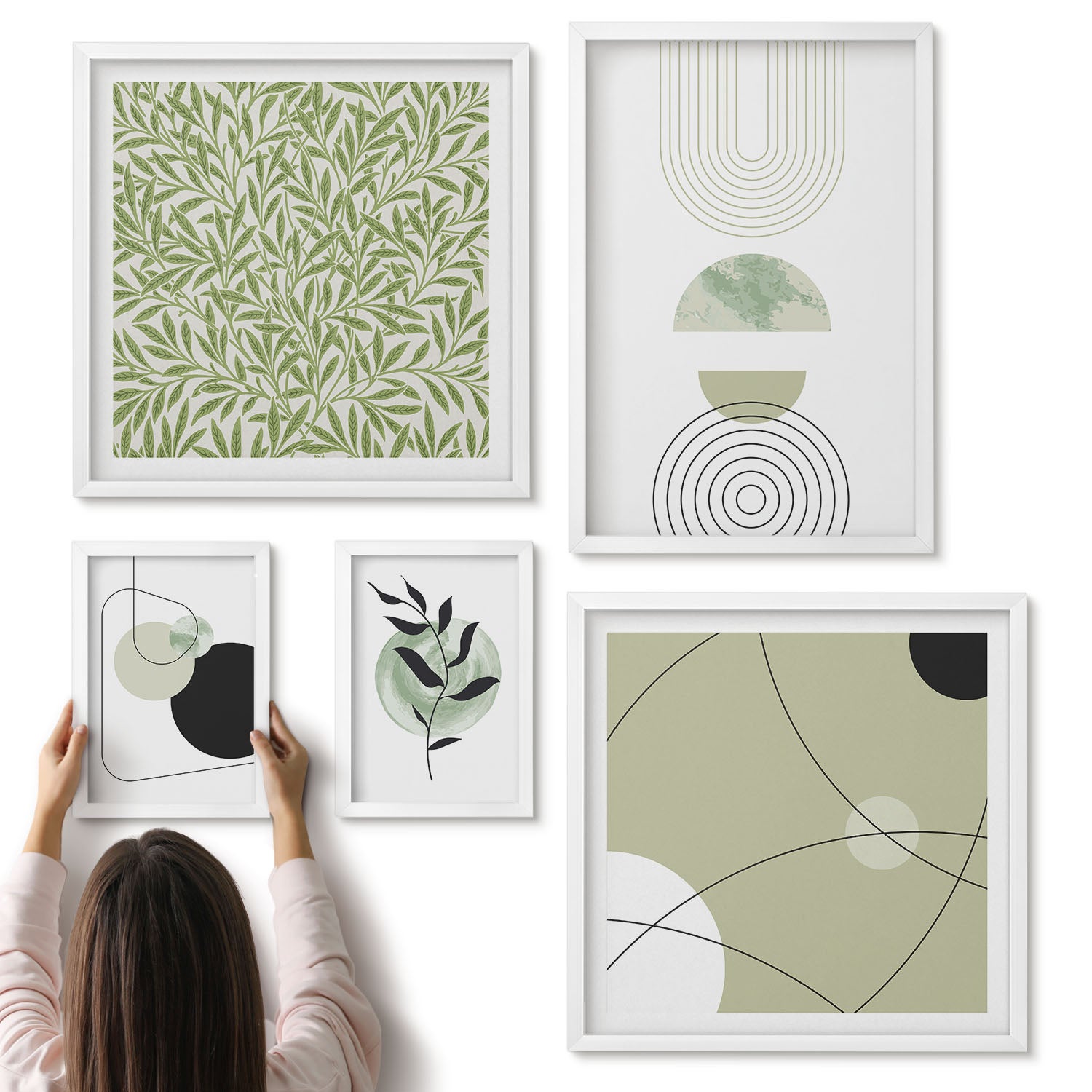 Galeria ścienna 5-częściowy komplet obrazów w białych ramach - Abstrakcyjne kompozycje z roślinnymi motywami i kształtami - ArtPrintCave