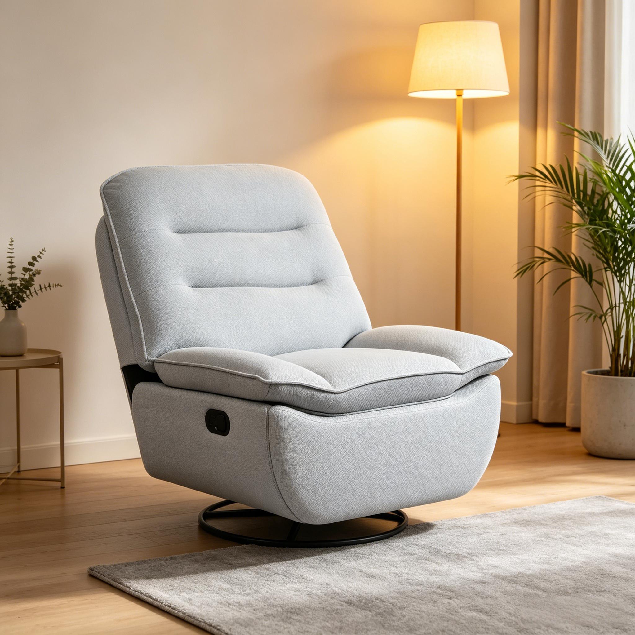 Nowoczesna sofa, rozkładana sofa, fotel bujany, fotel relaksacyjny, sofa do salonu, fotel, jasnoniebieski, bawełna, tkanina, gąbka, stal