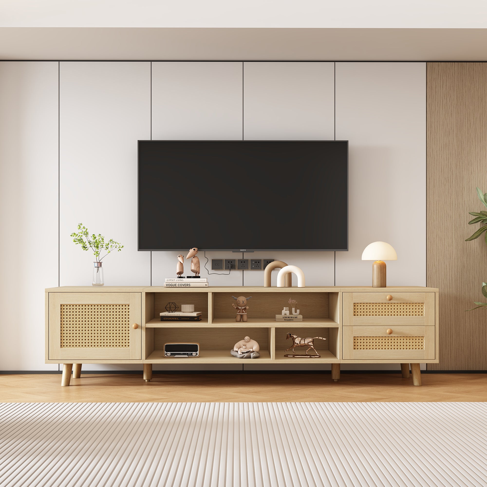 TV-Schrank Rattan 160cm - 70 cali, 2 szuflady, 1 drzwi, Holzfarbeny, do salonu